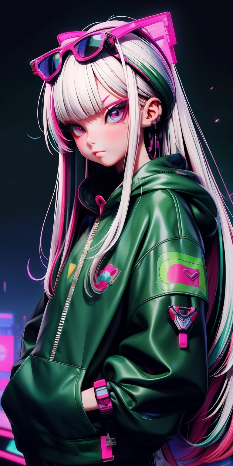anime girl with white hair, straight face, straight body, poser, sunglasses, mall background, long messy green hair, cyberpunk anime girl in hoodie, cyberpunk anime girl, anime style 4 k, anime cyberpunk art, best anime 4k konachan wallpaper, digital cyberpunk anime art, female cyberpunk anime girl, digital cyberpunk - anime art, cyberpunk anime art, anime cyberpunk, cyberpunk streetwear, cyberpunk art style