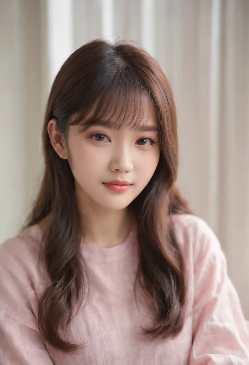 top-quality, Photorealsitic, masterpiece, 8K, Hi-Res, 独奏, 1girl, (((infp young woman))),sixteen years old、full bodyesbian、(small tits), ((Look at viewers)), (look at a camera), ((Various hairstyles close to long))、Perfect straight black hair、((With bangs))、 (profetional lighting), Highly detailed bright face、Gentle Japan girl、Nice smiling face、Pink T-shirt(long-sleeve)、Checked pleated skirt、Standing in the room