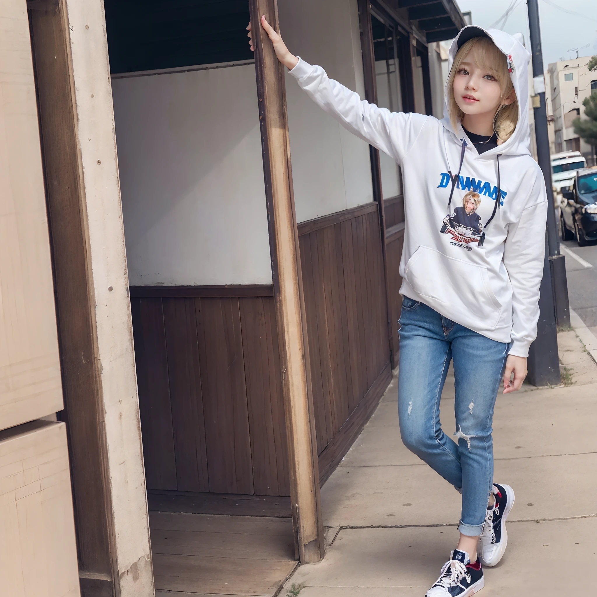 Very beautiful cute face、shiny beautiful skin、White beautiful skin、Beautiful pale light blue eyes, Beautiful very long blonde hair、(Blonde hair:1.3)、Sexy swaying bangs、18 years old cute little face beautiful girl、Hooded streetwear,street clothes、casual pants、(Hooded streetwear:1.2)、(dynamicposes:1.4)、(natta:1.5)、Wide desert,