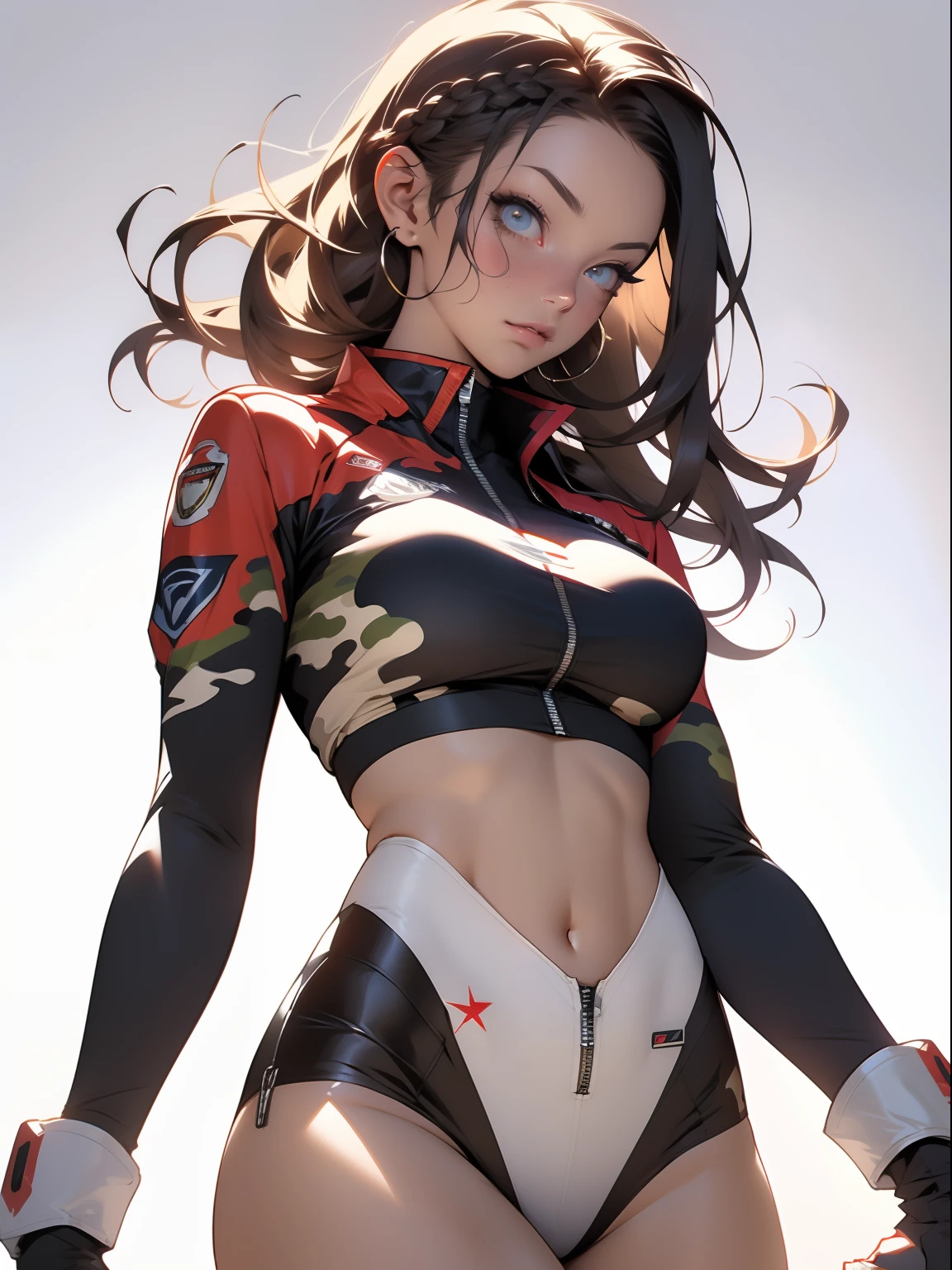((Best quality)), ((Masterpiece)), (Detailed: 1.4), (Absurde), A female fighter pilot ready for war in a military bikini, marin, dark skinned, Sculpted body defined, corps entier, Cuisses nues, mouth closed, Cyberpunk, half-naked, generous neckline, ((Perfect huge breasts)), (Yeux bleu clair super clairs sans pupilles), (((Bikini camouflage militaire)), (((cheveux blancs avec tresse)))), longs cils maquillage lourd, porte-jarretelles, jumeler beaucoup, niji --V5, close to real, psychopathe, visage parfait, sexy pose, Background with a giant Evangelion head, 2 piece clothes, cake, centered, scale to suit dimensions, Hdr (High Dynamic Range),Ray Tracing, NVIDIA RTX,Super-Resolution,Unreal 5,Dispersion souterraine, PBR Texture, Post-traitement, Filtrage anisotrope, profondeur de champ, Maximum Clarity and Sharpness, Textures multicouches, Albedo and specular maps, Ombrage de surface, Accurate Simulation of Light-Material Interaction, Proportions parfaites, Rendu octane, two tone lighting, Grande ouverture, ISO faible, Balance des blancs, Rule of Thirds, 8K RAW, Crysisnanosuit Bikini, thigh gap, belles hanches, Cowboy-shot