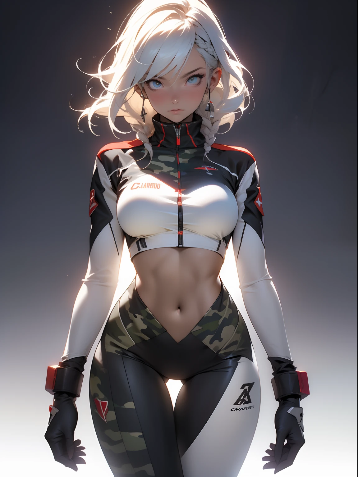 ((Best quality)), ((Masterpiece)), (Detailed: 1.4), (Absurde), A female fighter pilot ready for war in a military bikini, marin, dark skinned, Sculpted body defined, corps entier, Cuisses nues, mouth closed, Cyberpunk, half-naked, generous neckline, ((Perfect huge breasts)), (Yeux bleu clair super clairs sans pupilles), (((Bikini camouflage militaire)), (((cheveux blancs avec tresse)))), longs cils maquillage lourd, porte-jarretelles, jumeler beaucoup, niji --V5, close to real, psychopathe, visage parfait, sexy pose, Background with a giant Evangelion head, 2 piece clothes, cake, centered, scale to suit dimensions, Hdr (High Dynamic Range),Ray Tracing, NVIDIA RTX,Super-Resolution,Unreal 5,Dispersion souterraine, PBR Texture, Post-traitement, Filtrage anisotrope, profondeur de champ, Maximum Clarity and Sharpness, Textures multicouches, Albedo and specular maps, Ombrage de surface, Accurate Simulation of Light-Material Interaction, Proportions parfaites, Rendu octane, two tone lighting, Grande ouverture, ISO faible, Balance des blancs, Rule of Thirds, 8K RAW, Crysisnanosuit Bikini, thigh gap, belles hanches, Cowboy-shot