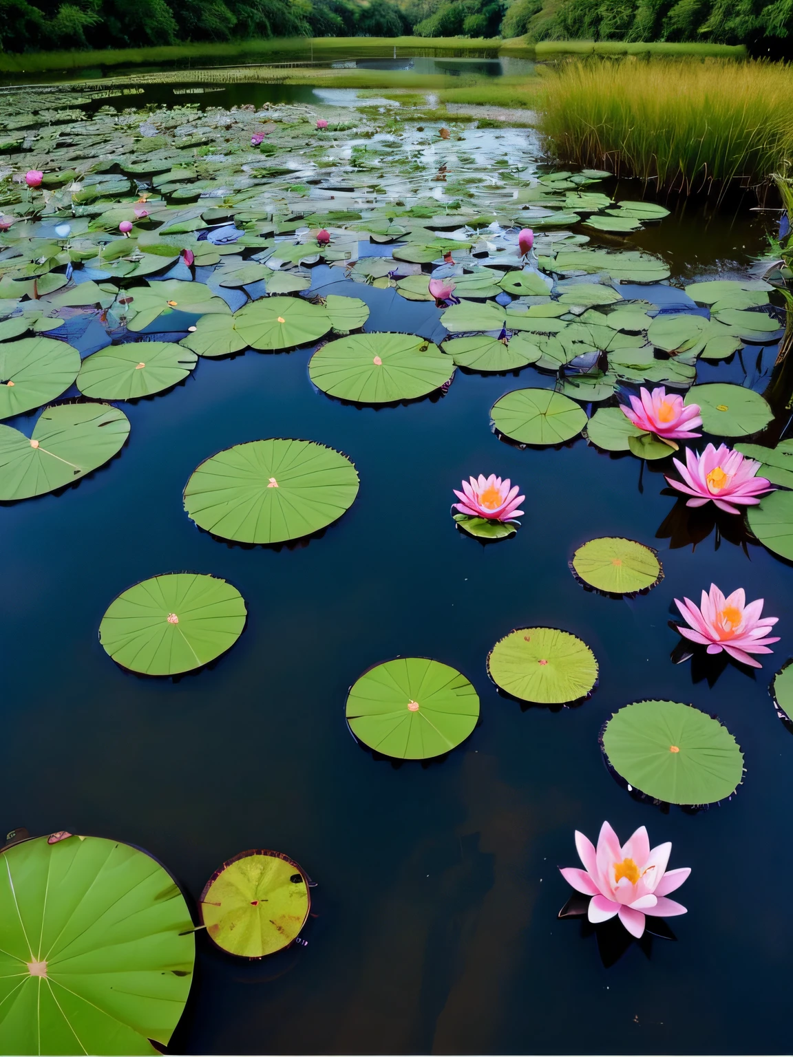 Super realistic lotus flowers in the pond at dusk in the afternoon, lotuses, lotuses, lotus flowers on the water, Lotus pond, lotus petals, water lilies, standing gracefully upon a lotus, water lily mat, serene colors, waterlily pond, with lotus flowers, water lily mat, details and vivid colors, Pink Lotus Queen, lillis, water lilies