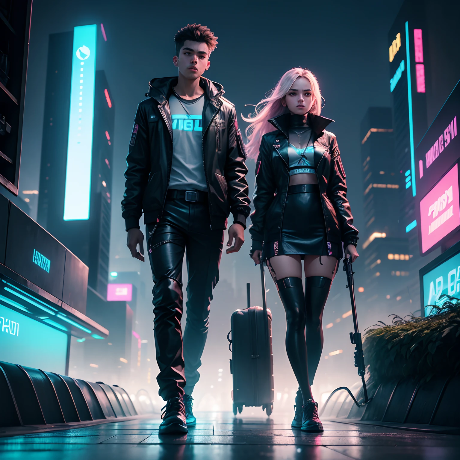 "In a cyberpunk cityscape filled with neon lights and towering skyscrapers, an 18-year-old boy and a girl, both impeccably dressed in futuristic attire, ride their high-tech bicycles through the urban labyrinth. Despite the neon glow, the weather surprises them with unexpected beauty. Describe the scene as they navigate the bustling city together, their eyes wide open to the striking contrast between technology and nature."