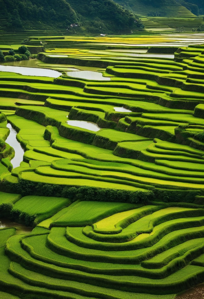 Close-up rice fields,Vista Jian Lake for water,Below is the water above is the rice paddies
