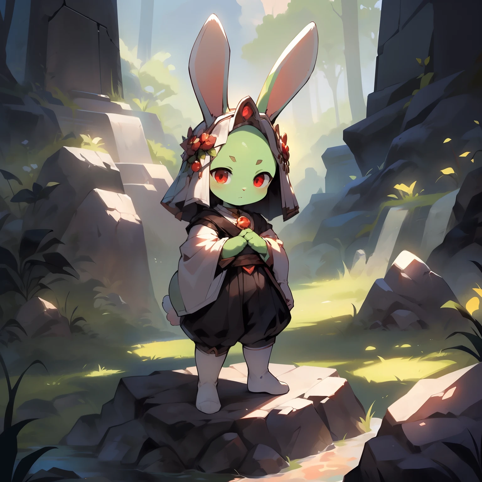 Best quality，Masterpiece，solo person，((byself))，Black  top，Black  shorts，(white stockings)，(White knee-length socks)，Stand on a stone slab，(Short stature)，（bit girl)，((The bald head has no ears，rabbit Facial Features，rabbit Body Features，Rabbit-shaped headdress))，red eyes，（bunny tail），（Pale green body hair，Light green legs），（Rabbit feet），alleys，