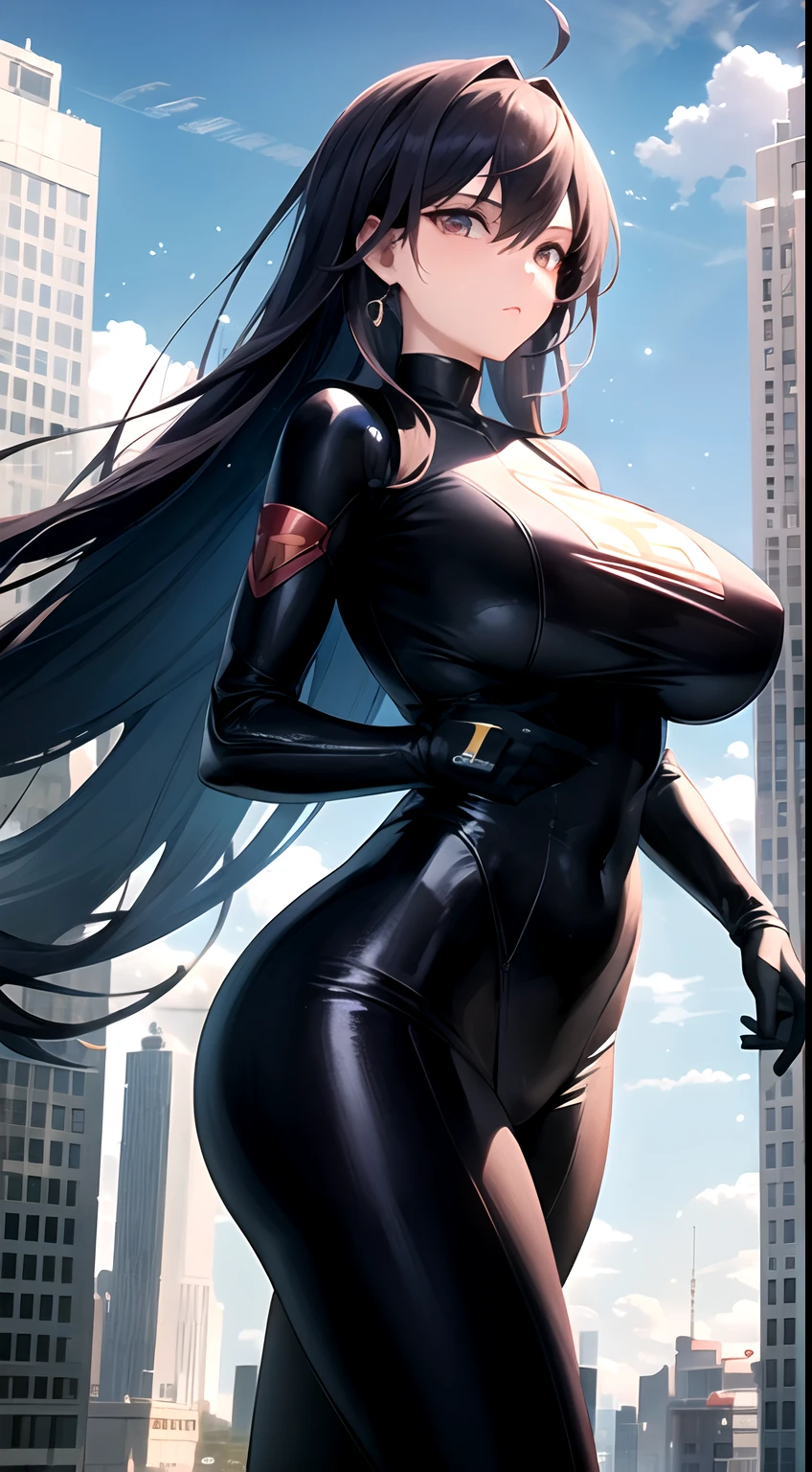 (1girl), (superheroine, giantess) , cool and mature, long hair, earring, (bodysuit, spandex), in town, (tower sized woman)++, dynamic pose, dynamic angle, (large breast)+, (skinny leg)+, long legs, thighhighs, boobs window, landscape, cityscape, in between skyscrapers, (Best quality), (masterpiece), (ultra details), glowing eye, particles, accurate simulation of light-material interaction, (perfect female proportions)