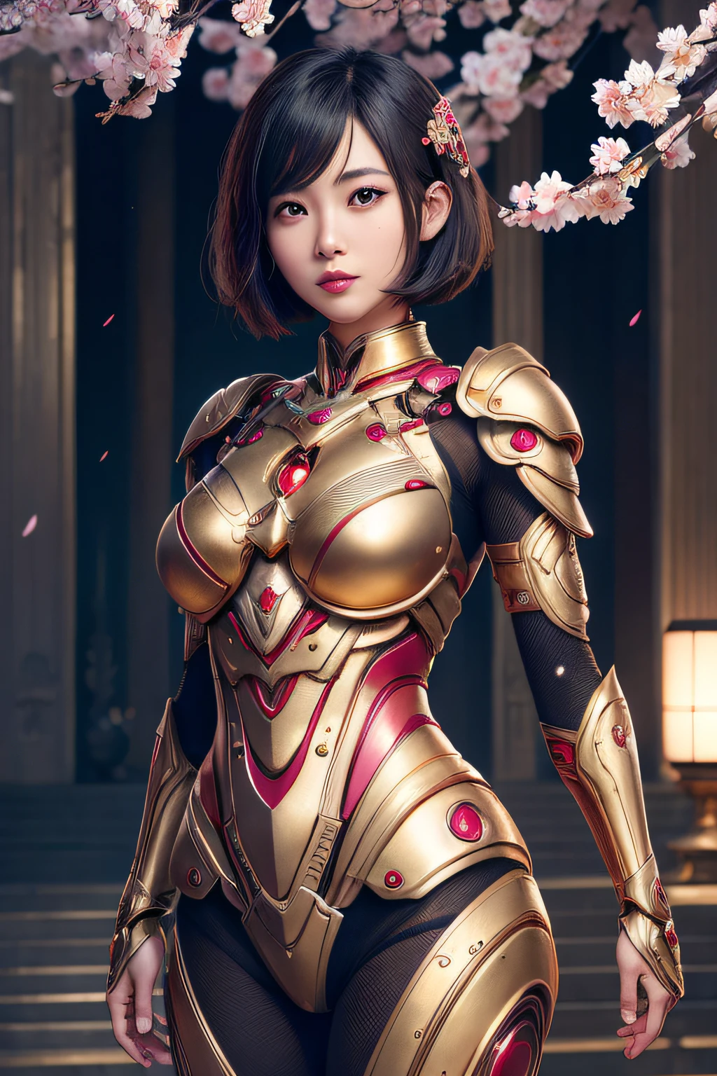 beautiful japanese young woman, wearing cyborg armor made of gold, thick symmetrical features, very short hair, background is cherry blossoms, pink aura, red lips, octane render,