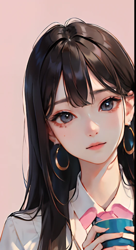 (masuter piece:1.2、top-quality)、(Real Photographics、intricate-detail)、独奏、1、Home、facial close-up、The shirt、(Front Focus)、Large round earrings、looking at me、Bangs Morning Coffee Background Pink