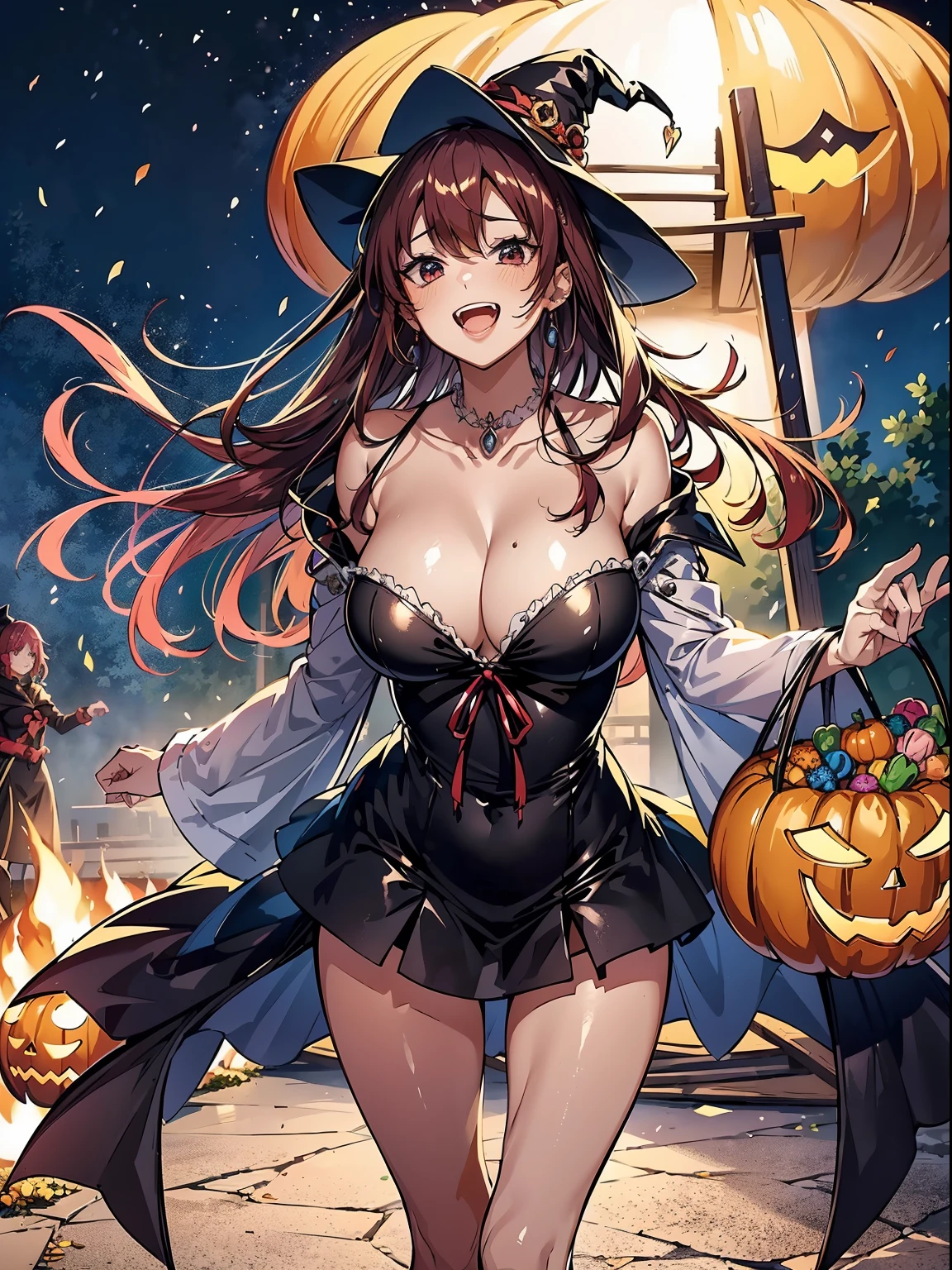 Group shot, cute 2 anime girls (walking in front of a bonfire), (2Girls, pair:1.2), cozy wallpaper, anime moe artstyle, kantai collection style, 4 k manga wallpaper, anime visual of a cute girl, anime wallaper, anime style 4 k, trick or treat, halloween, Jack O lantern, basket filled of many candies, ((high detailed witch outfits:1.2, robe, witch's pointing hats)), (vampire costume:1.2), ((dark chestnut medium short hair:1.25, updo, wavy hair)), outdoor, in a park, (blurry background, bokeh), (in a night:1.2), ((ultra high resolution, 8K RAW photo, photo realistics:1.2)), textile shading, fine detailed face, beautiful detailed eyes, ultra detailed smooth skin, (looking away, laughing), (correct anatomy:1.5), (dynamic angle, wide shot:1.3), from above,