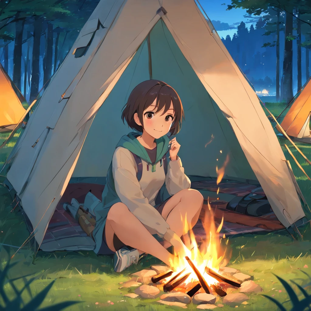 A sensitive and suspicious girl sits in a tent on the grass,Look at the campfire in front,with a smile on her face,