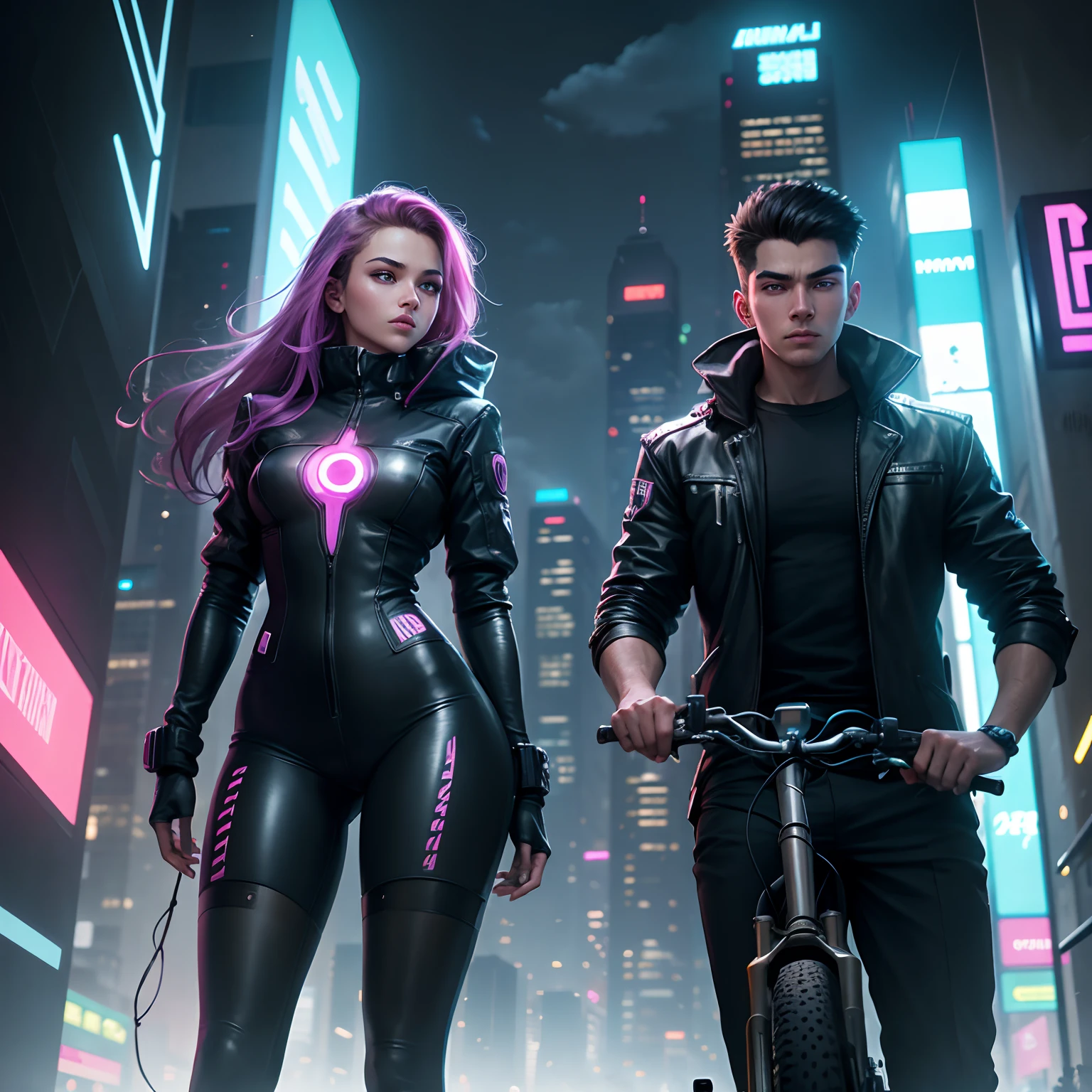 "In a cyberpunk cityscape filled with neon lights and towering skyscrapers, an 18-year-old boy and a girl, both impeccably dressed in futuristic attire, ride their high-tech bicycles through the urban labyrinth. Despite the neon glow, the weather surprises them with unexpected beauty. Describe the scene as they navigate the bustling city together, their eyes wide open to the striking contrast between technology and nature."