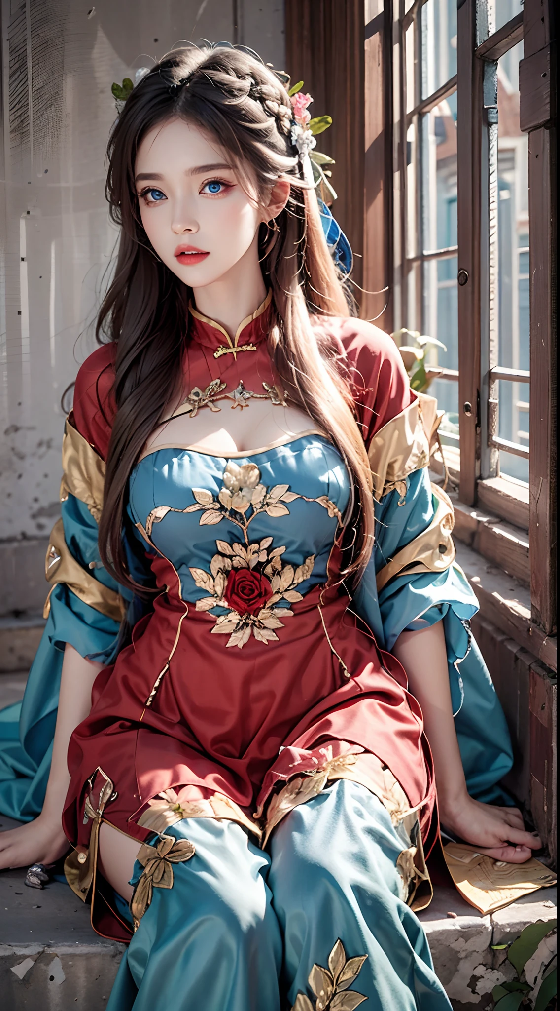 photorealistic, high resolution, soft lights, 1women, solo, hips up, (blue eyes, long hair), vietnamese traditional, red aodai