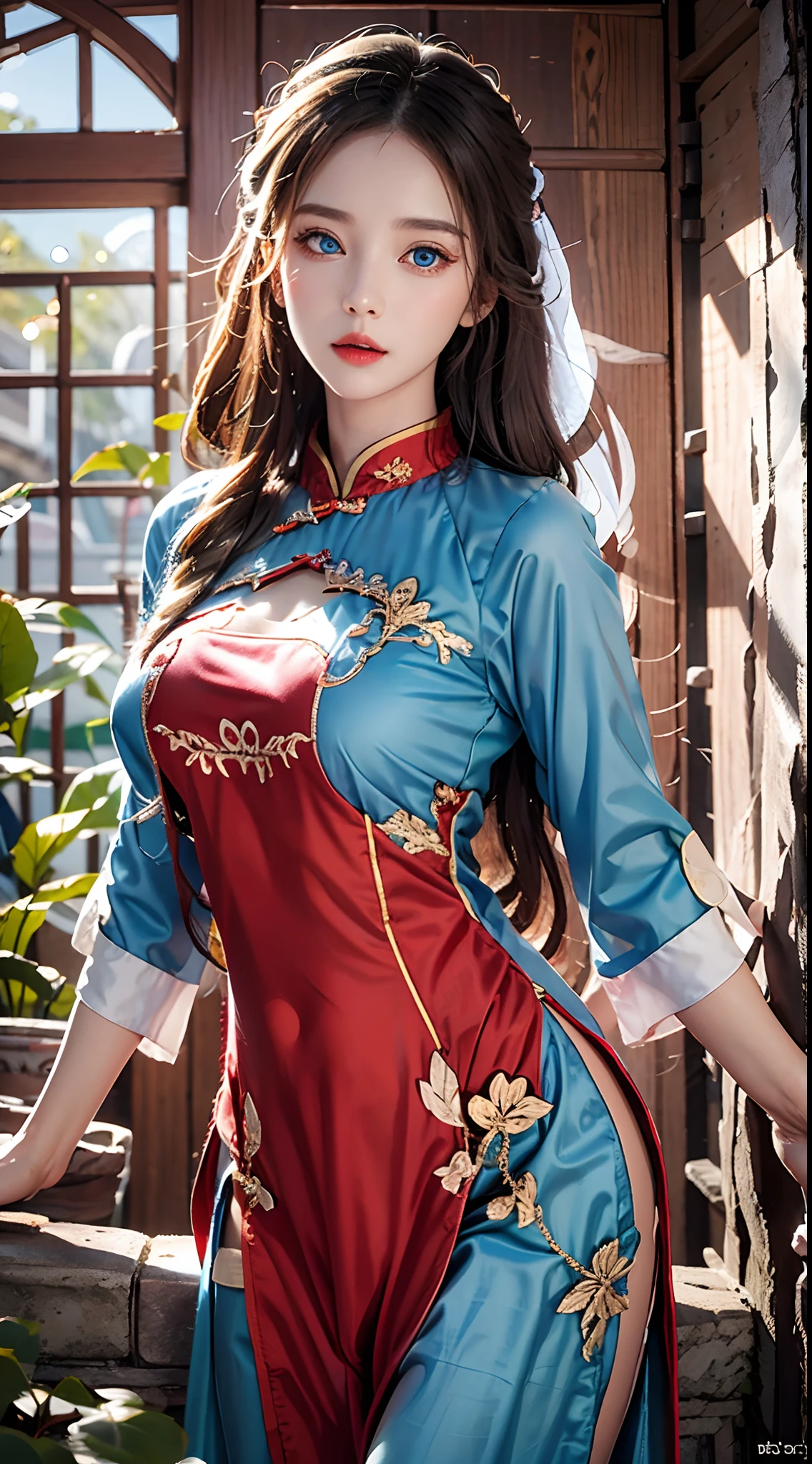 photorealistic, high resolution, soft lights, 1women, solo, hips up, (blue eyes, long hair), vietnamese traditional, red aodai