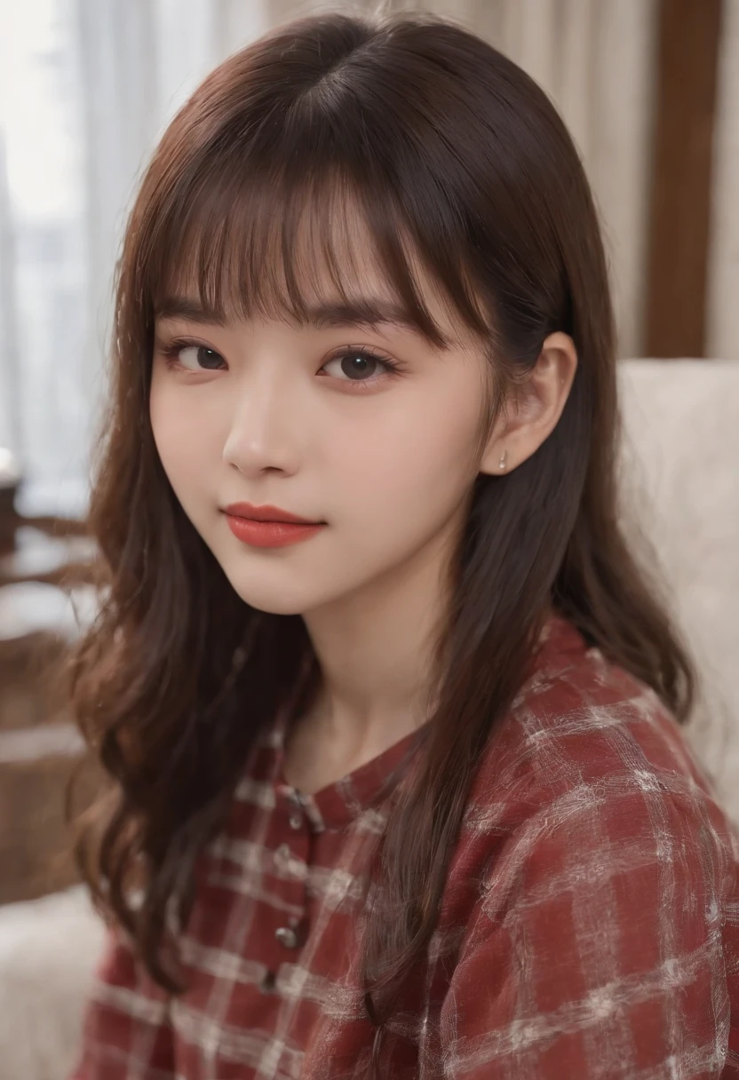 top-quality, Photorealsitic, masterpiece, 8K, Hi-Res, 独奏, 1girl, (((infp young woman))),sixteen years old、full bodyesbian、(small tits), ((Look at viewers)), (look at a camera), ((Various hairstyles close to long))、Perfect straight black hair、((With bangs))、 (profetional lighting), Highly detailed bright face、Gentle Japan girl、Nice smiling face、Red T-shirt(long-sleeve)、Checked pleated skirt、Standing in the room