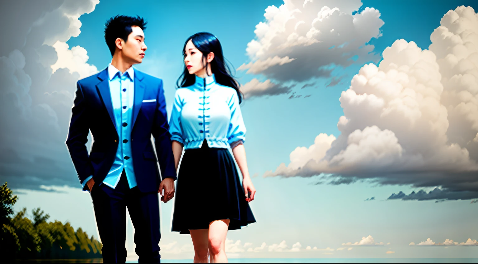 Harmonious composition,Couple frontal,taking a walk,lakeside。morning,with blue sky and white clouds