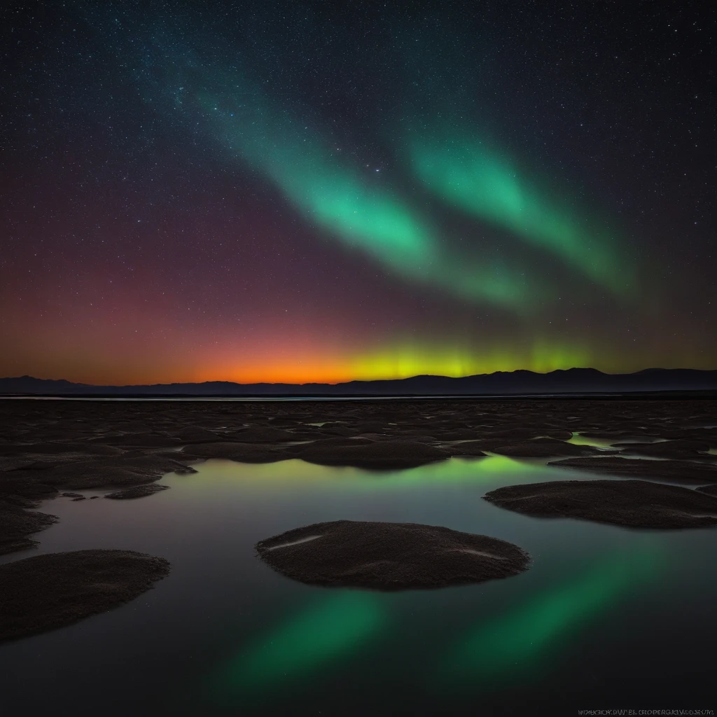 Beautiful pictures of the starry sky、magnifica、milkyway:1.25、Large body of water with clouds in the sky, At Salar de Uyuni, Amazing reflections of the sky, Incredible reflections, beautiful reflection, stunning photo, epic and stunning, Crossing the horizon, Red Aurora Borealis:1.25