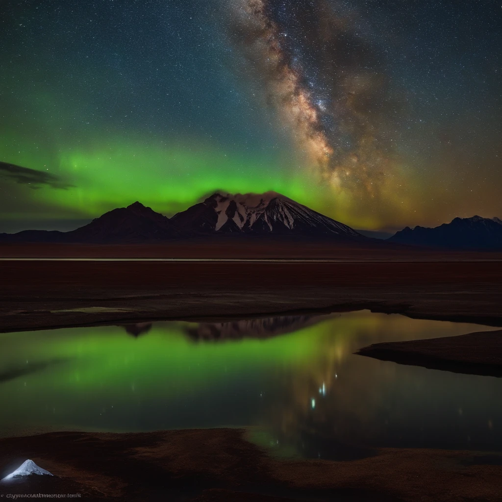 Beautiful pictures of the starry sky、magnifica、milkyway:1.25、Large body of water with clouds in the sky, At Salar de Uyuni, Amazing reflections of the sky, Incredible reflections, beautiful reflection, stunning photo, epic and stunning, Crossing the horizon, Red Aurora Borealis:1.25