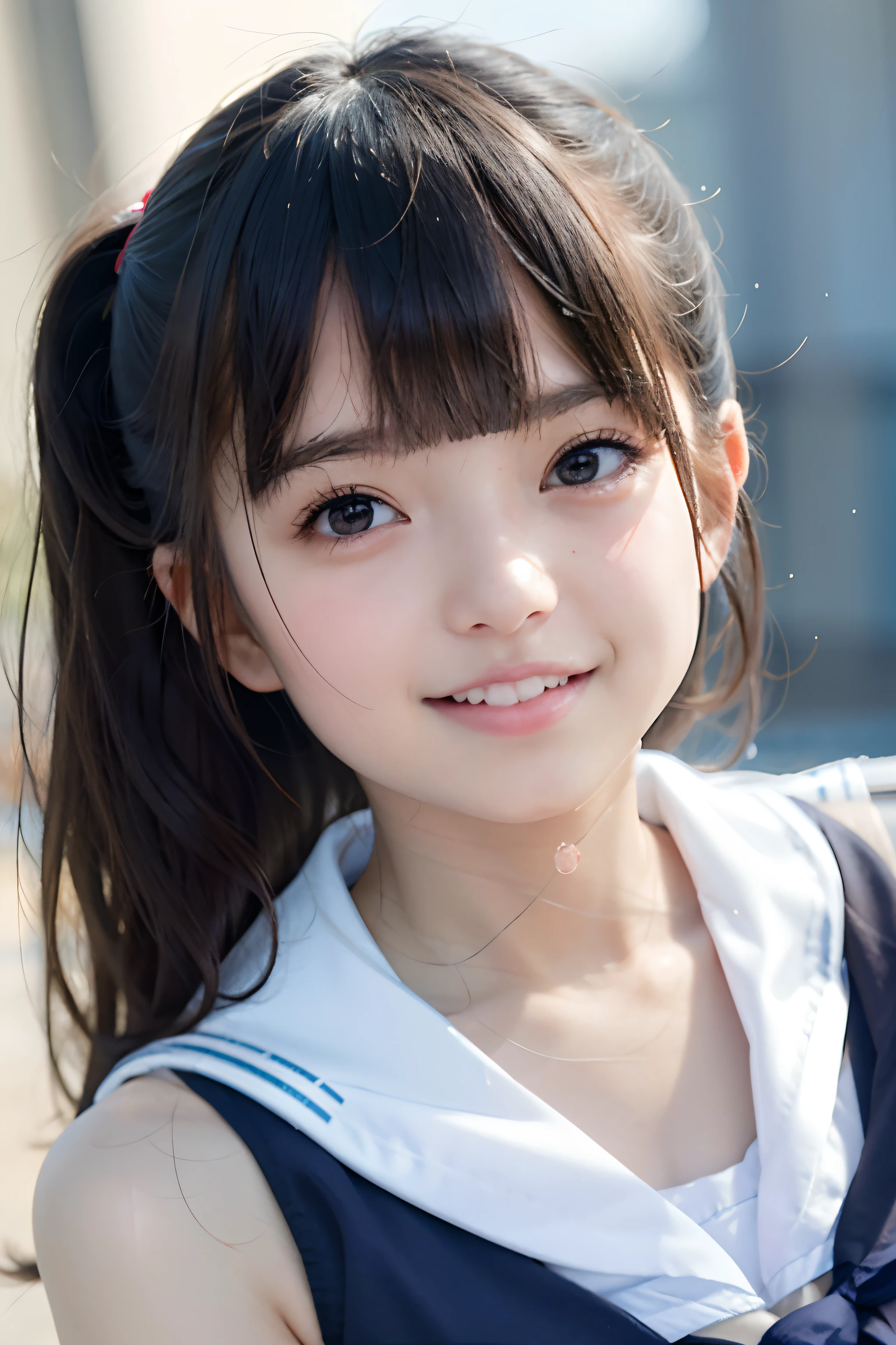 NSFW, 8k RAW photo, ((Sailor School Uniform))top-quality, masterpiece,kawaii faces、dual、 A smile、kawaii faces、超A high resolution, film grains, filmg, 1girl in, looking at the viewers, natural skin textures, realistic eyes and face details, Perfect tooth alignment、Perfect eyes and perfect mouth、 bangss, School swim wear、cparted lips, s lips,