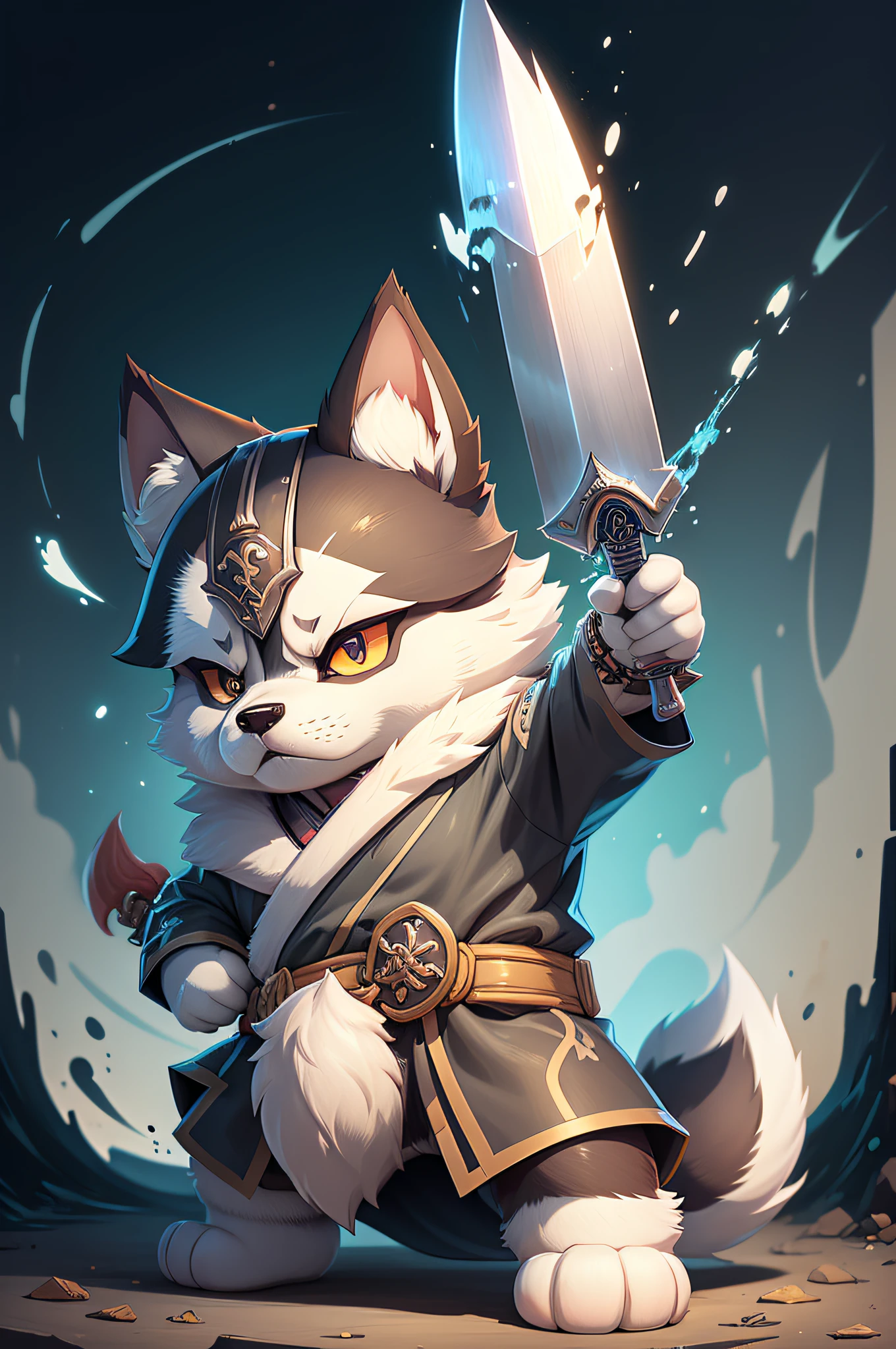 C4tt4stic, Samurai cartoon Siberian husky dog in kimono trying to pull out a sword(The specifics of the appearance of the Siberian Husky)