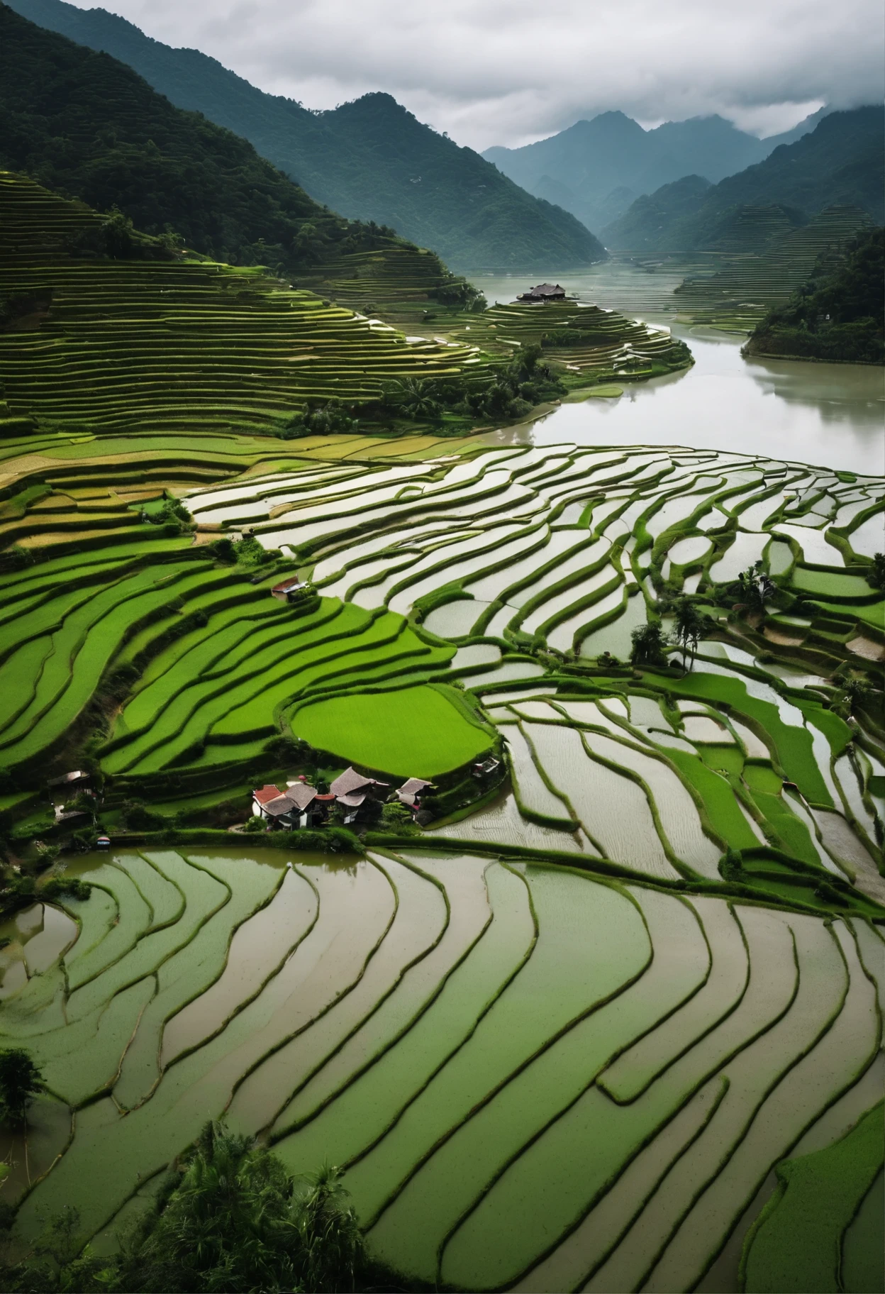 Close-up rice fields，Vista Jian Lake for water，Below is the water above is the rice paddies