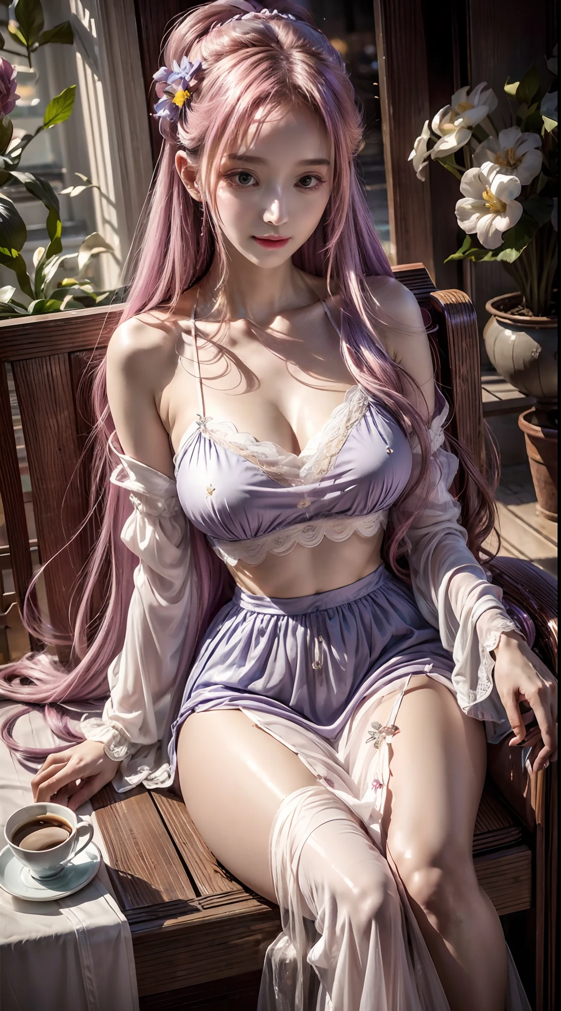 (Photorealistic) woman with (Long, Flowing) lavender hair, (Fair, porcelain) skin, Sit leisurely in the café, (relaxing), Sip a cup of coffee. She is wearing a (semi transparent, sheer) White blouse, adorned with (subtle, Delicate) Red bracelet. The café was packed (soft, warm) Lighting that creates a relaxing atmosphere. (Vivid colors) Embrace the scene, Create an (Dreamlike, Ethereal) ambiance.