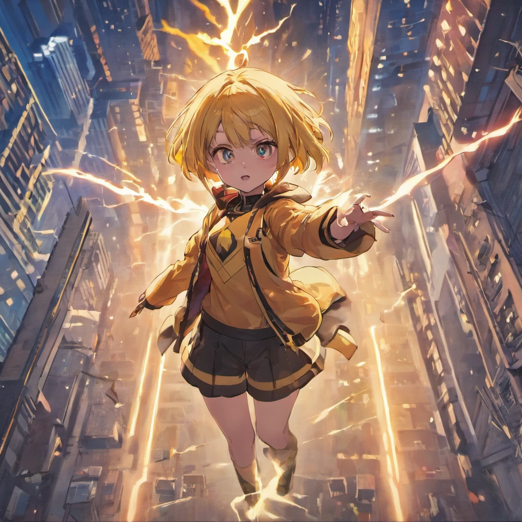menina com cabelo curto loiro, olhos amarelos, wearing long pants, capuz preto, Usando o Lightning Magic, on top of the building, superhero costume