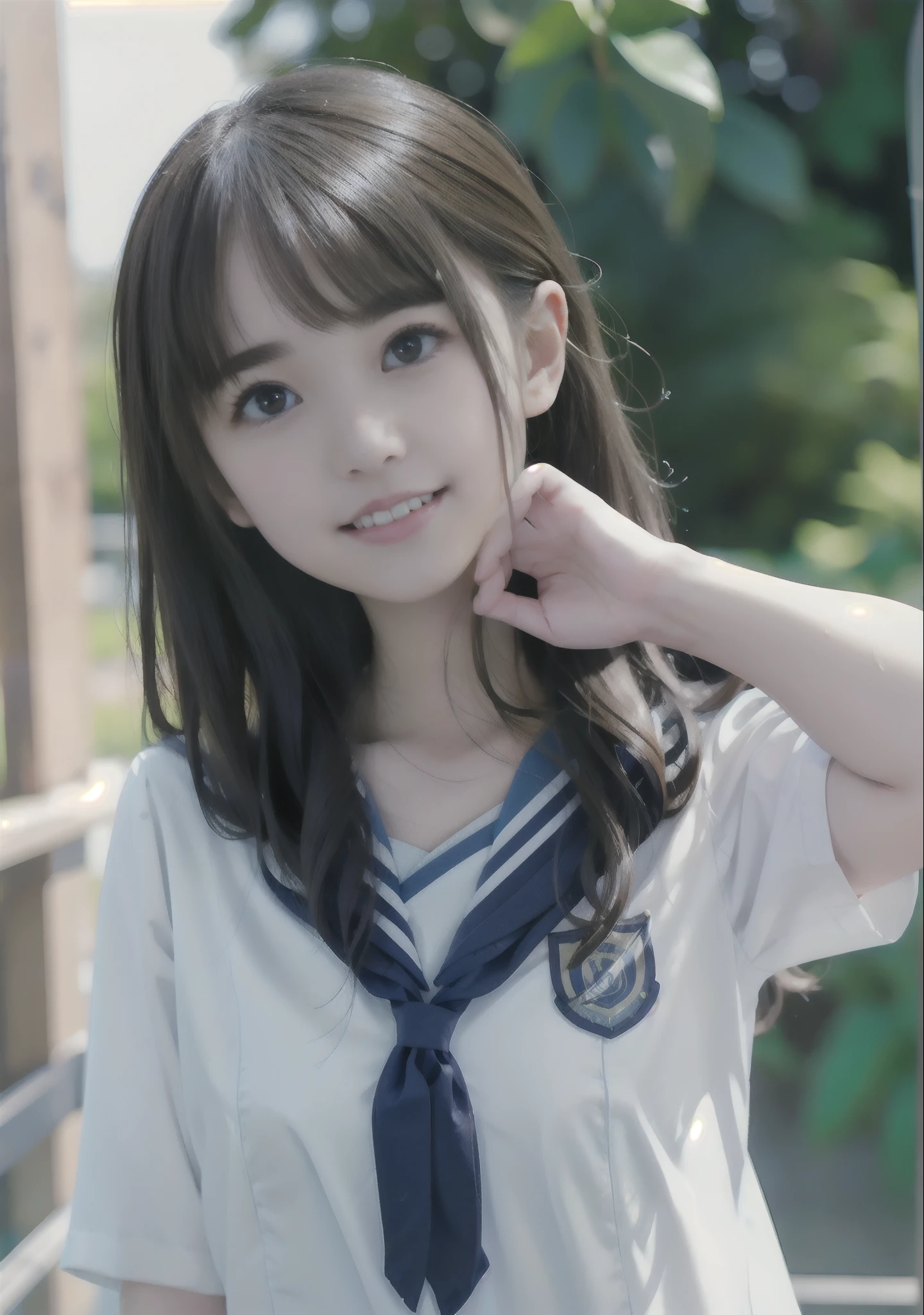 NSFW, 8k RAW photo, ((Sailor School Uniform))top-quality, masterpiece,kawaii faces、dual、 A smile、kawaii faces、超A high resolution, film grains, filmg, 1girl in, looking at the viewers, natural skin textures, realistic eyes and face details, Perfect tooth alignment、Perfect eyes and perfect mouth、 bangss, School swim wear、cparted lips, s lips,big eyes lens,looking_at_viewers,open pose,full body pose