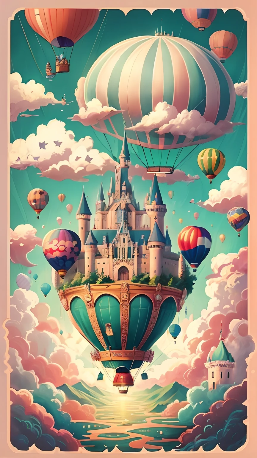 KIDS ILLUSTRATION，There is a castle floating in the air on the hot air balloon, flying cloud castle,Flying castle in the wind, Fantasy castle, castles floating in mid air, palace floating in the sky, castle in the sky style, an immense floating castle, Castle in the sky, high fantasy castle, Magical castle, Many hot air balloons，Below is the sea，fantasticcolors，Fantasy art Behance, huge castle, Cute detailed digital art, futuristic castle