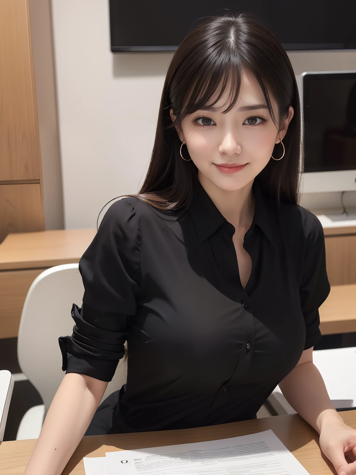 ((masterpiece))、((top-quality))、a picture、Realisticity、high-level image quality、Advanced depth of field、ultra-detailliert、Realistic lighting、((meeting room))、((Large breasts are visible through the gaps in the buttons of the black shirt))、((Looking at a document on your desk))、a secretary、in her 20s、Delicate facial features、Realistic backgrounds and accessories、large full breasts、no-bra、Soft look、Lightly open your mouth and smile、