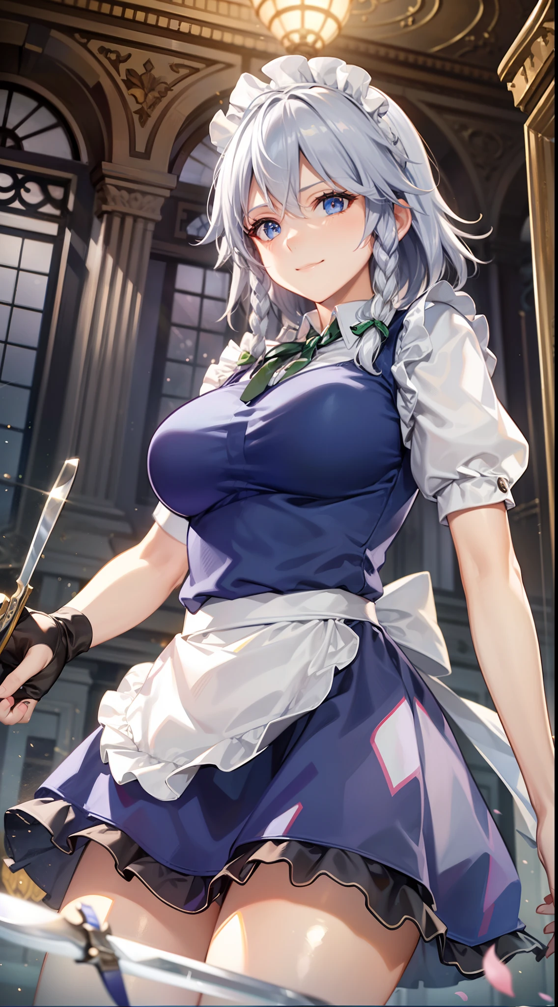 (Unity 16K Wallpaper, masutepiece, Best Quality, Ultra-detailed, extremely details CG, Cinematic lighting, Detailed, Beautiful detailed eyes, Solo),超A high resolution,Fine skin,A sexy,maid, maid apronl, Maid headdress,Knives,seductive smile,from below,have a knife,floating hair, outdoors, wind, indoors,
