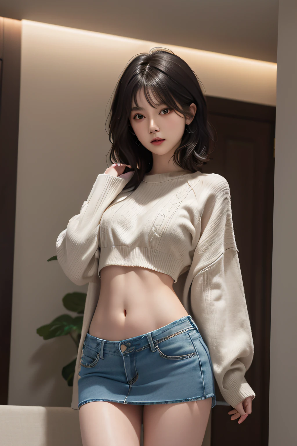 (masuter piece:1.3)、(8K、Photorealsitic、Raw photography、top-quality: 1.4)、(1girl in)、beautiful countenance、(Lifelike face)、(A dark-haired、short-hair:1.3)、Beautiful hairstyle、realisticeyes、Beautiful details、(real looking skin)、Beautiful skins、absurderes、enticing、超A high resolution、A hyper-realistic、high-detail、the golden ratio、((wide open abdomen))、((open abdomen))、((wide open navel))、((open navel))、((Mid-Riff Sweater))、((Ultra-low rise、Denim Mini Skirt))、((Navel Ejection))、((small hips))、((long limbs))、((Full body depiction))、((A slender))、((small hip))、(Ultra-low rise))、((Denim Mini Skirt))、((is standing))、