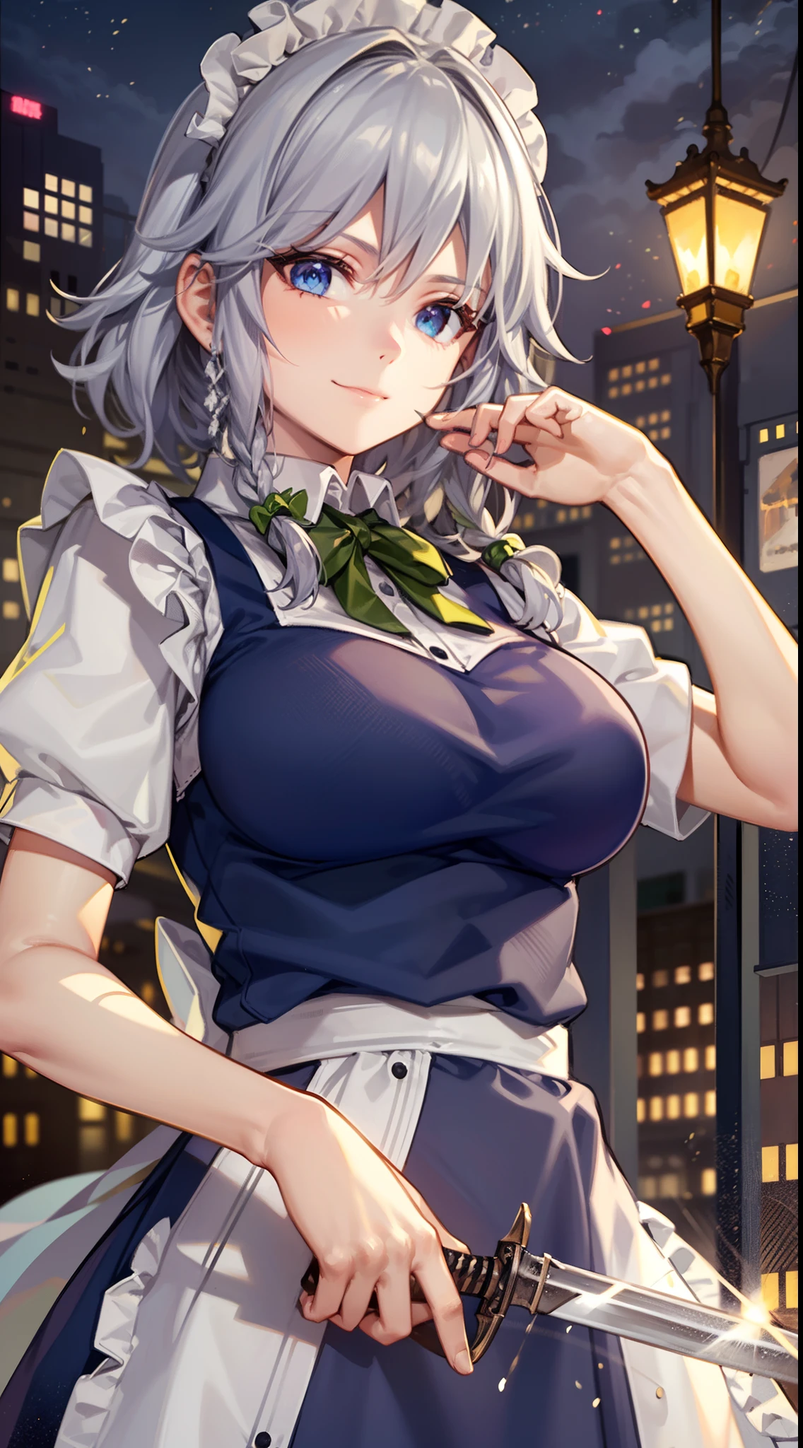 (Unity 16K Wallpaper, masutepiece, Best Quality, Ultra-detailed, extremely details CG, Cinematic lighting, Detailed, Beautiful detailed eyes, Solo),超A high resolution,Fine skin,A sexy,maid, maid apronl, Maid headdress,Knives,seductive smile,from below,throwing a knife,floating hair, outdoors, wind, indoors,