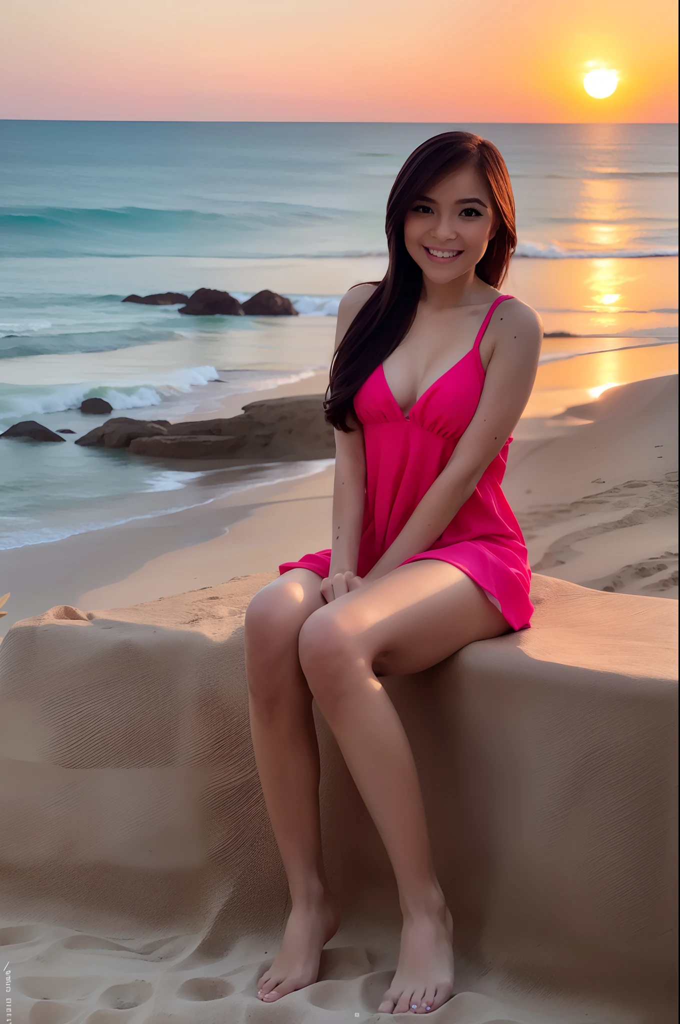 female, Beachwear, Beach mini dress, feminine, Sitting in the beach, outdoor, black hair, full body, close up, shy expression, shy smile, Sunset, polish nails, beautiful face, high quality, photorealistic, masterpiece