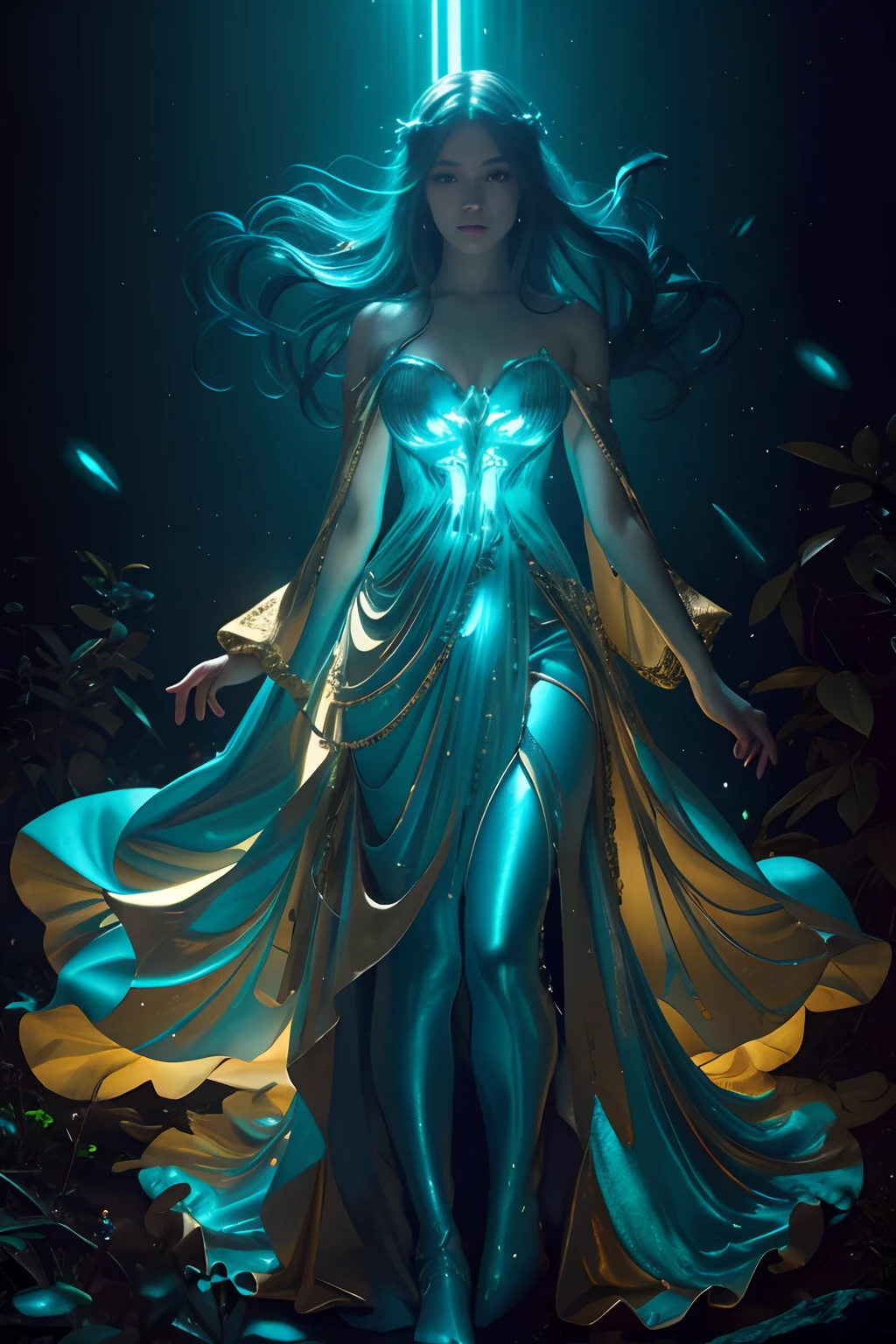 Medium body shot of beautiful white mermaid in blue and gold armour style suit, no mask on, golden bioluminescence cape, big clevage, looking at center camera, perfect composition, beautiful detailed intricate insanely detailed octane render trending on artstation, very clear high contrast 24k artistic photography, photorealistic concept art, soft natural volumetric cinematic perfect light, chiaroscuro, award - winning photograph, masterpiece, oil on canvas, raphael, caravaggio, greg rutkowski, beeple, beksinski, giger, trending on artstation, sharp focus, studio photo, intricate details, highly detailed, night city background, by greg rutkowski , standing in forest, masterpiece ,hyperrealitic , body digital art , bioluminescence