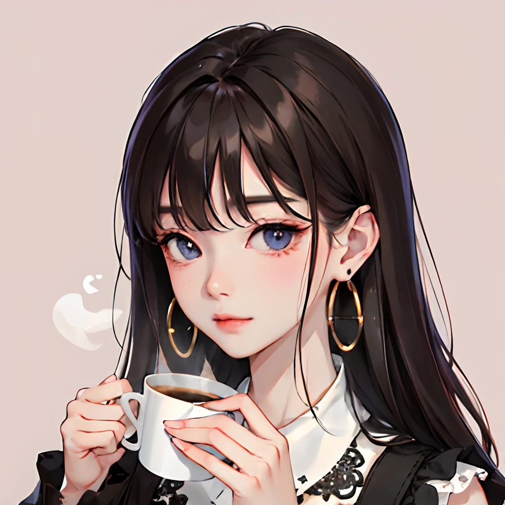 (masuter piece:1.2、top-quality)、(Real Photographics、intricate-detail)、独奏、1、Home、facial close-up、The shirt、(Front Focus)、Large round earrings、looking at me、Bangs morning coffee background pink