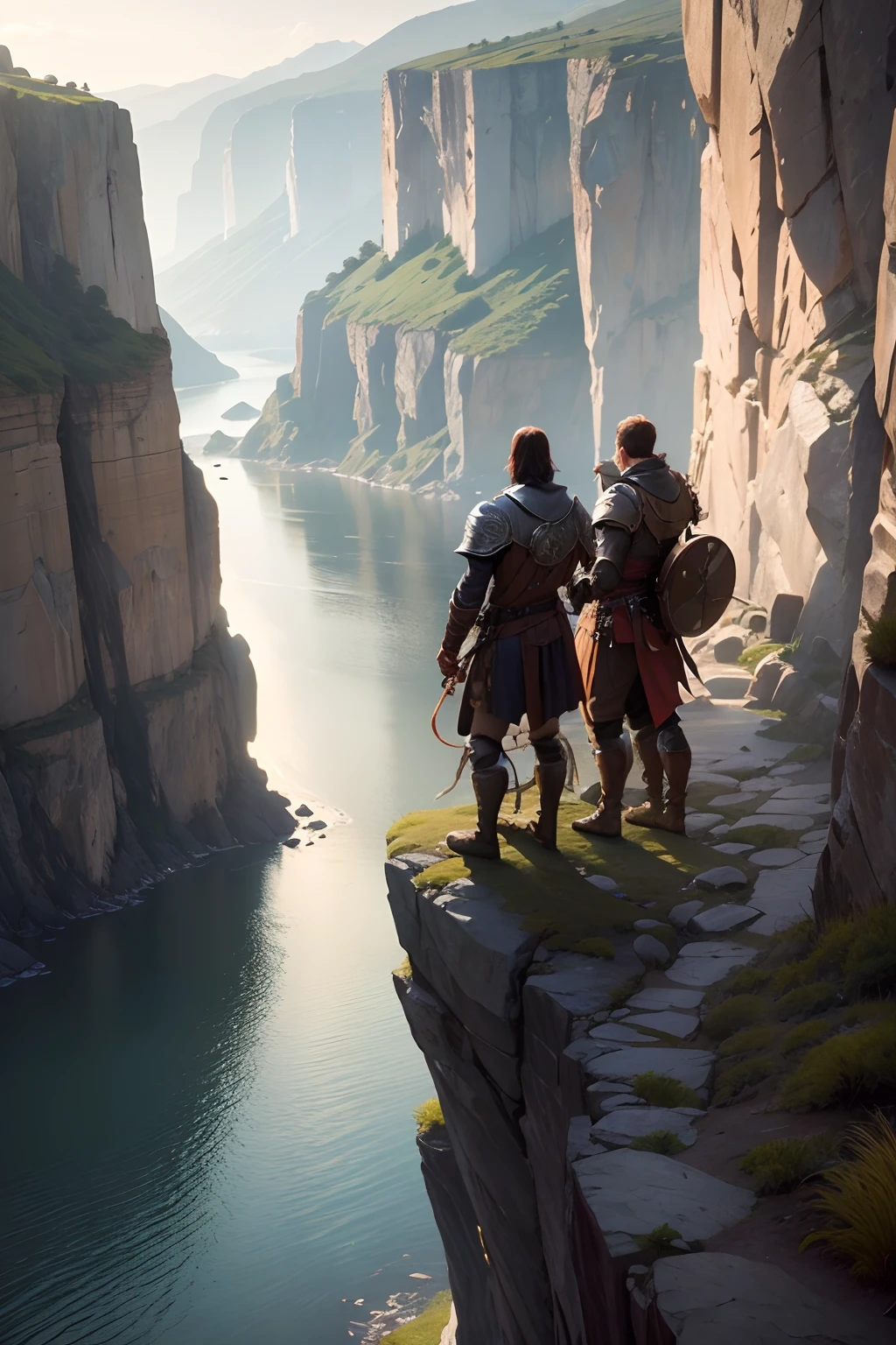 A group of adventurers wearing leather armors climbing up a cliff with a rope,a wet body,wide river in the background, cliffs in the background,Hazy light and shadow effects,a warm color palette,Warm picture,Vista perspective,Large depth of field,(3/4 blanks) ,8K high-definition ,Highest image quality,complexdetails,Warm sunlight illumination.