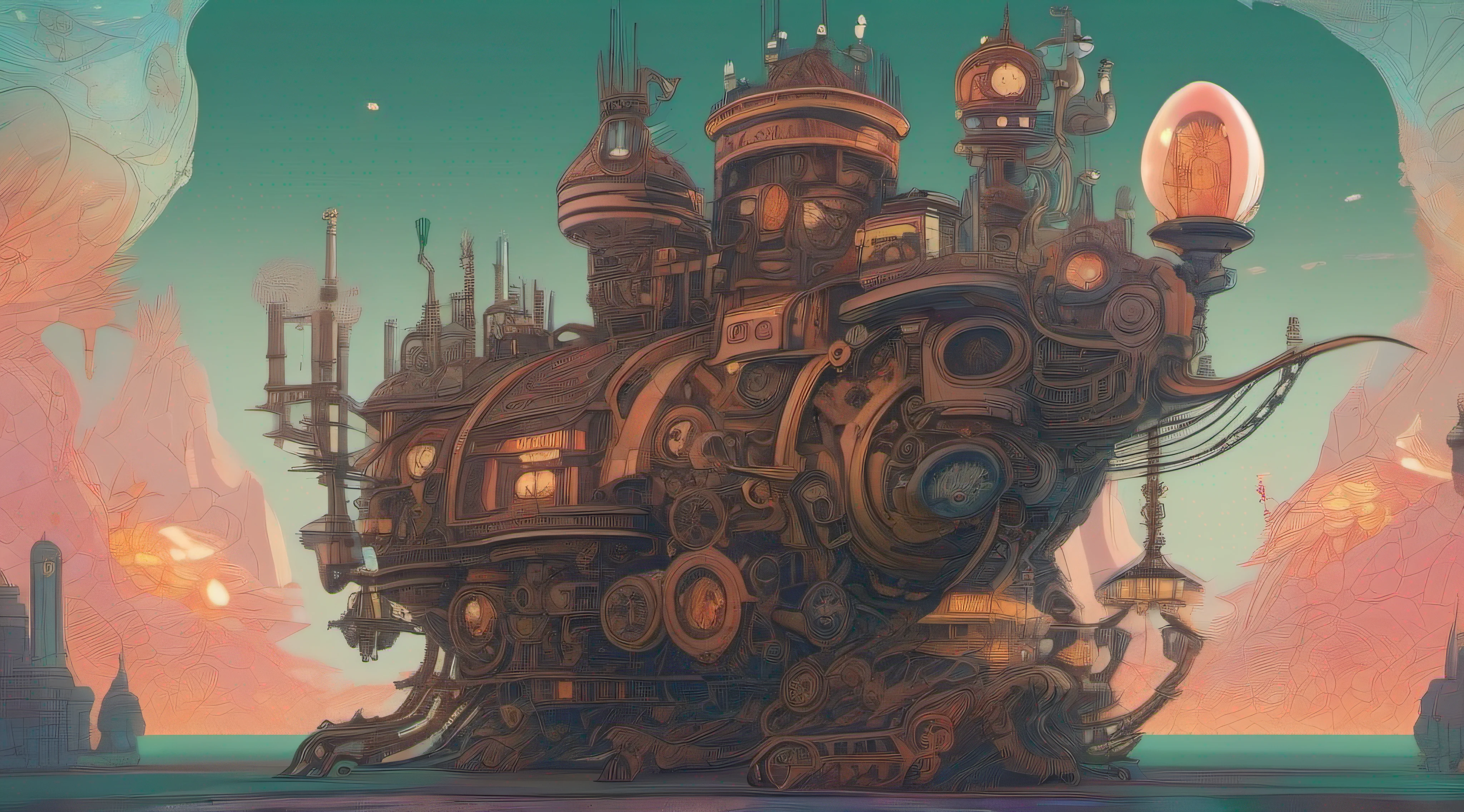 Futuristic steampunk, biomechanical moving castle creature, inspired by Miyazaki's "Howl's Moving Castle", with intricate clockwork mechanisms, glowing crystal structures, and floating platforms, surrounded by a vibrant, fantastical landscape.