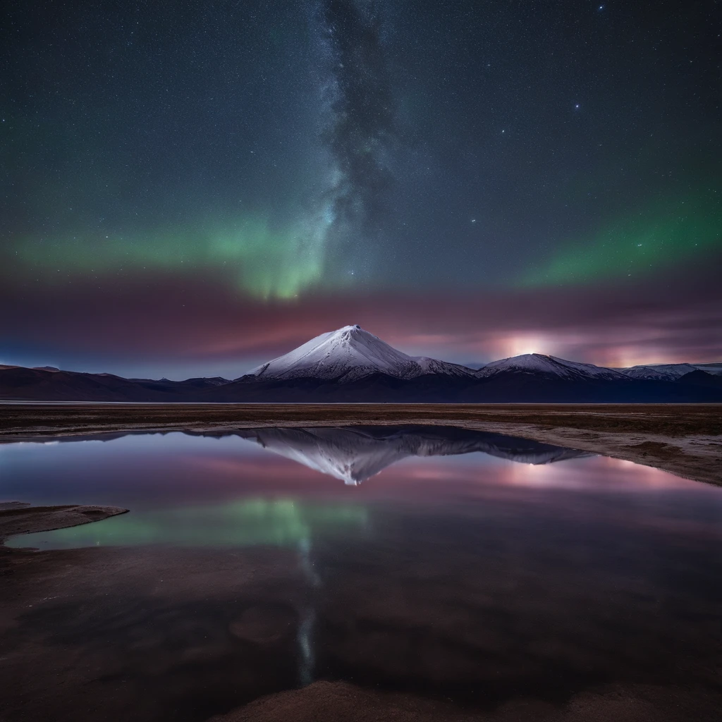 Beautiful pictures of the starry sky、magnifica、milkyway:1.25、Large body of water with clouds in the sky, At Salar de Uyuni, Amazing reflections of the sky, Incredible reflections, beautiful reflection, stunning photo, epic and stunning, Crossing the horizon, Red Aurora Borealis:1.25