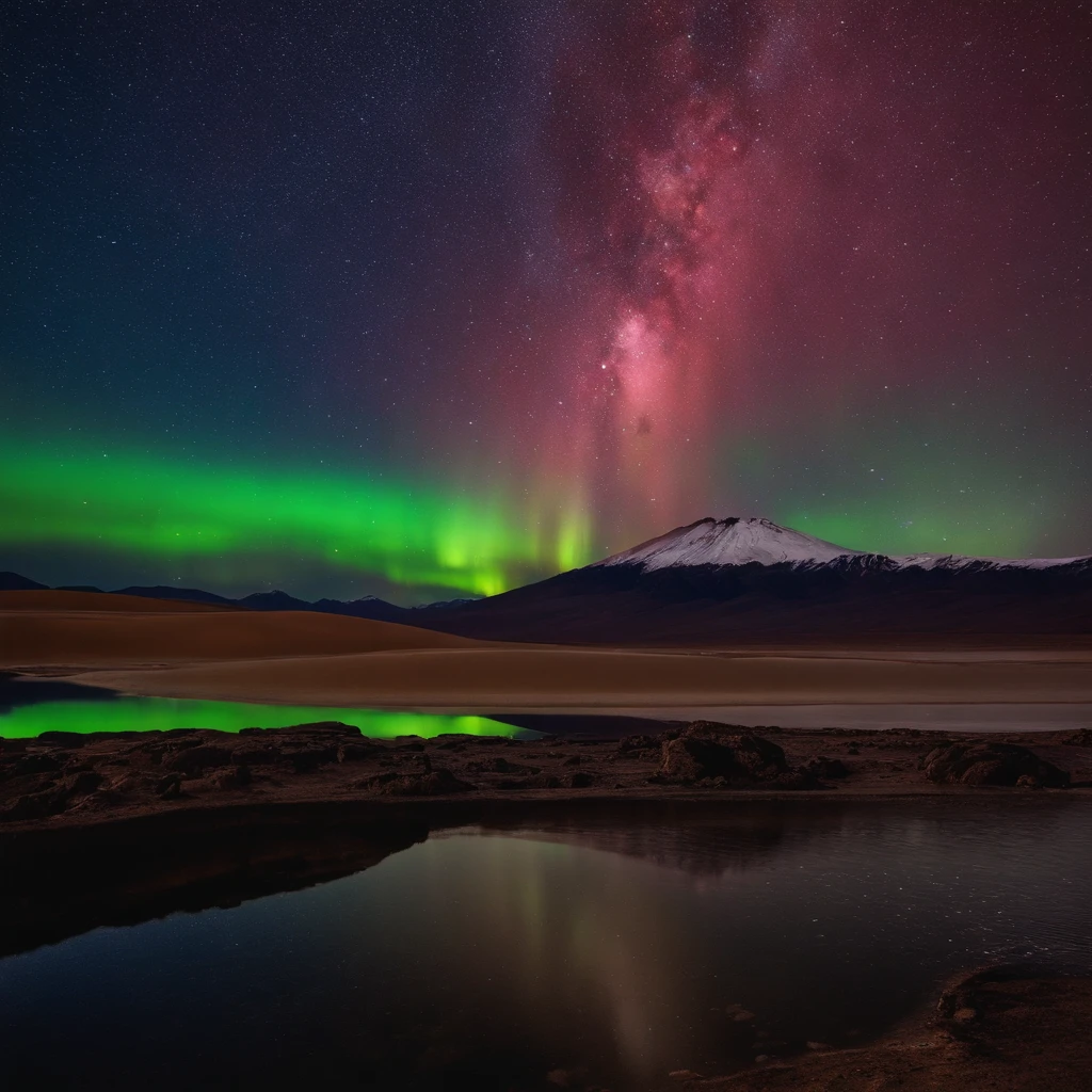 Beautiful pictures of the starry sky、magnifica、milkyway:1.25、Large body of water with clouds in the sky, At Salar de Uyuni, Amazing reflections of the sky, Incredible reflections, beautiful reflection, stunning photo, epic and stunning, Crossing the horizon, Red Aurora Borealis:1.25