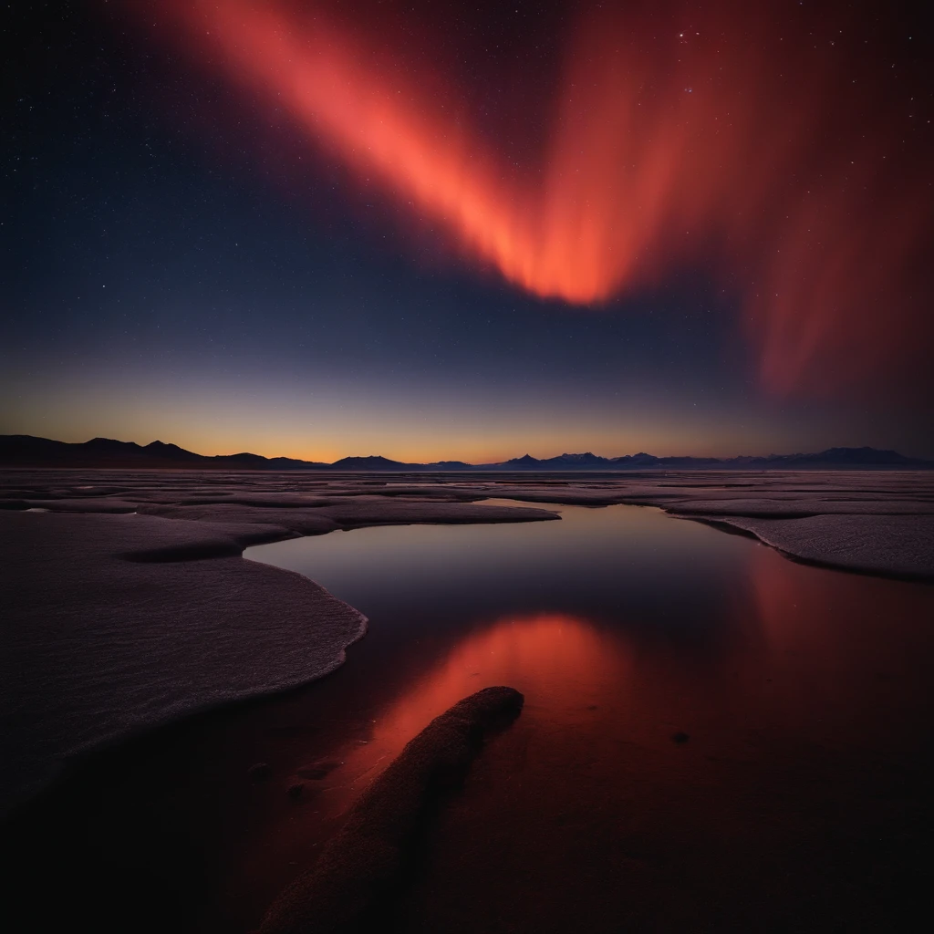 Beautiful pictures of the starry sky、magnifica、milkyway:1.25、Large body of water with clouds in the sky, At Salar de Uyuni, Amazing reflections of the sky, Incredible reflections, beautiful reflection, stunning photo, epic and stunning, Crossing the horizon, Red Aurora Borealis:1.25