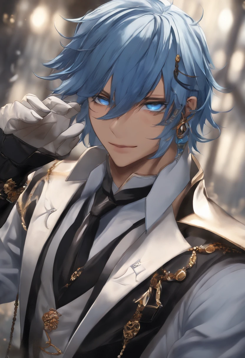 (manly:1.5), kaeya (genshin impact), (1boy:1.4), (male focus:1.5), (eyepatch:1.2), dark-skinned male, gloves, solo, jewelry, blue hair, earrings, (long hair:1.1), blue eyes, single earring, dark skin, bangs, black gloves, smile, fingerless gloves, closed mouth, (centered:1.4), (dynamic pose:1.5), (intricate details:1.2), 8k wallpaper, (Highest picture quality:1.5), (8k:1.4), (Masterpiece), (ultra-detailed), (Detailed eyes:1.4), (sharp details:1.3),