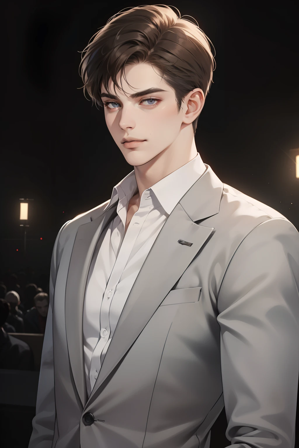 masterpiece, best quality, realistic, 1man, mature male, quiet and charming young man, 25 years old, close his eyes, serious look, extremely detailed face, ((dark grey eyes)), ((short-right-swept dark brown hair)), [thick eyebrows], detective, plain background, ((suit)), cinematic lighting, looking at the audience, posture dynamics, smirk