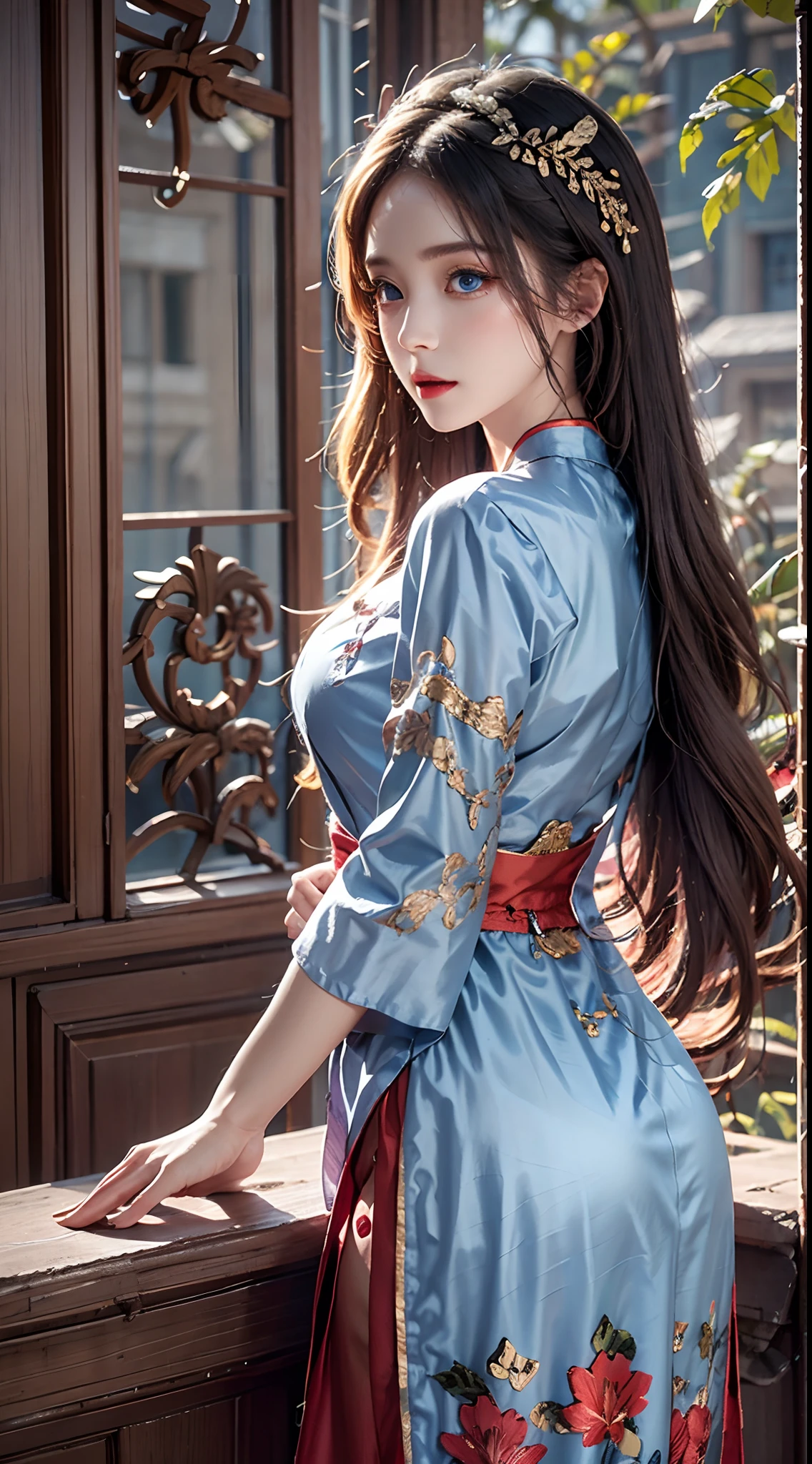 photorealistic, high resolution, soft lights, 1women, solo, hips up, (blue eyes, long hair), vietnamese traditional, red aodai, back view