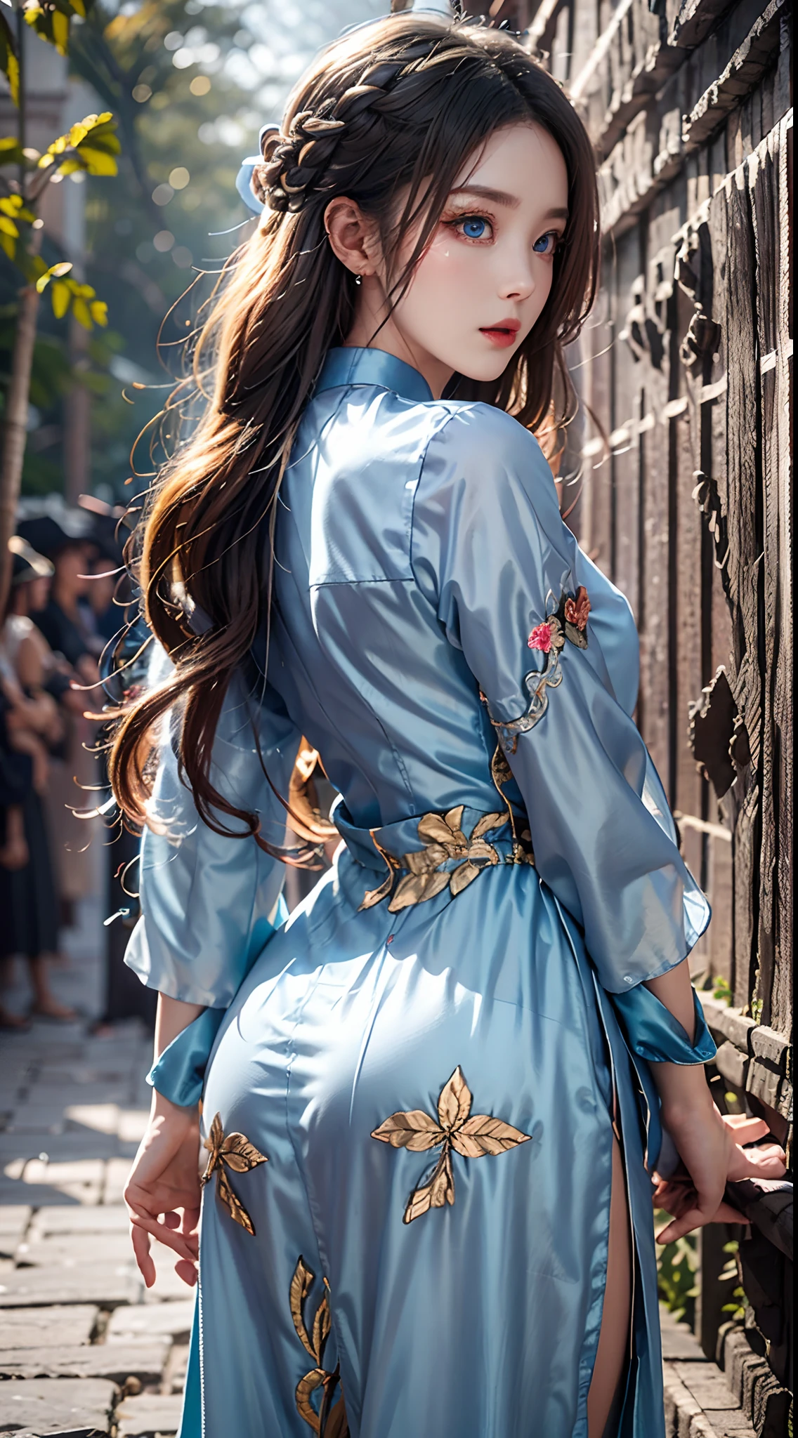 photorealistic, high resolution, soft lights, 1women, solo, hips up, (blue eyes, long hair), vietnamese traditional, red aodai, back view