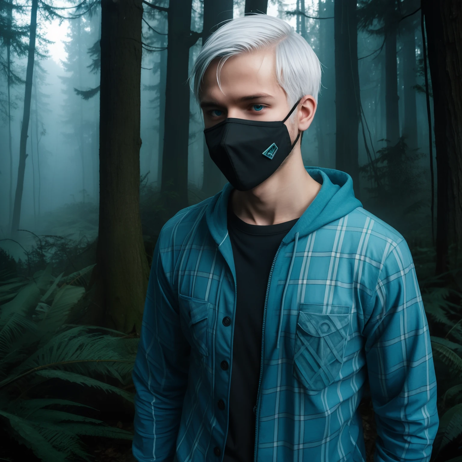 Teen male posing, sweatpants, skinny body, atmospheric, cute face, cyan white hair, mask, dead inside, plaid shirt, forest, wet, bionic face