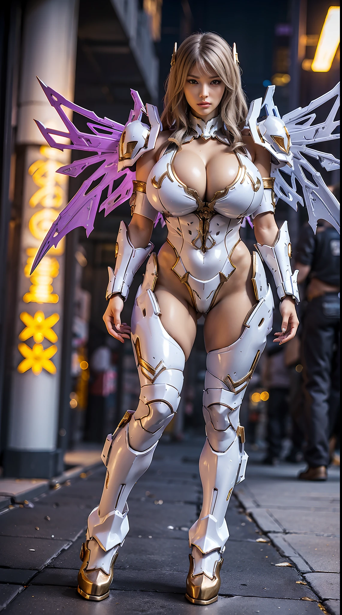 A WOMAN, BEAUTIFULL FACE, HUGE BOOBS, RGB, WHITE, GOLD, PURPLE, MECHA ARMOR FULL GEAR, (SUIT), (CLEAVAGE), (A PAIR LARGEST WINGS), TRANSPARANT, TALL LEGS, STANDING, SEXY BODY, MUSCLE ABS.