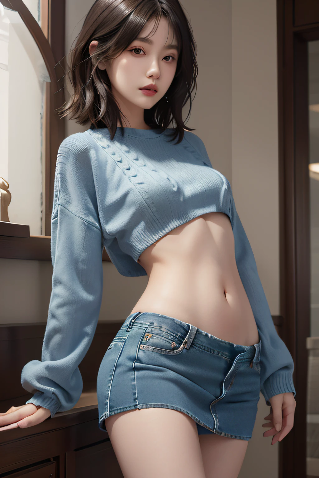 (masuter piece:1.3)、(8K、Photorealsitic、Raw photography、top-quality: 1.4)、(1girl in)、beautiful countenance、(Lifelike face)、(A dark-haired、short-hair:1.3)、Beautiful hairstyle、realisticeyes、Beautiful details、（real looking skin）、Beautiful skins、absurderes、enticing、超A high resolution、A hyper-realistic、high-detail、the golden ratio、((wide open abdomen))、((open abdomen))、((wide open navel))、((open navel))、((Mid-Riff Sweater))、((Ultra-low rise、Denim Mini Skirt))、((Navel Ejection))、((small hips))、((long limbs))、((Full body depiction))、((A slender))、((small  hip))、(Ultra-low rise))、((Denim Mini Skirt))、((is standing))、