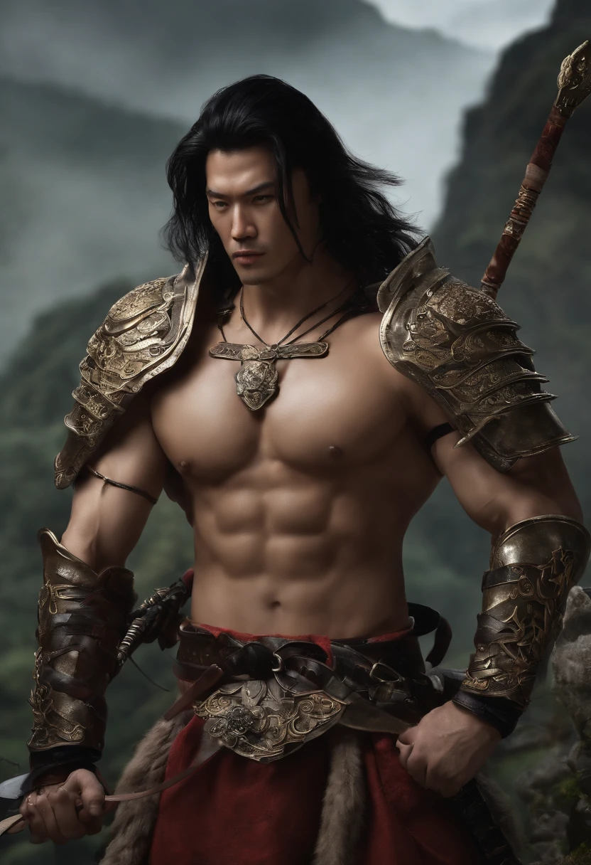 (((mtu))), (((best qualityer))), (((tmasterpiece))), (((AS-Adult))), ((( Japanese ))), Look up from your knees, Handsome Asian samurai,perfect body figure, Modern samurai, ((( Asian))), Wear gloves on your hands,The left arm is made of steel and metal tips,Made of protective devices, The eyes are pulled, (( Appears below the chest )), (( Small dental floss )), Simon Bisley, Almost naked(Simon Bisley)Castle City Wilderness,For high-resolution posters, hair straight, Minimum clothing, armure (Crazy clothes ), Full of tips and rivets, tribal tattoos, (((full bodyesbian))), Straight brunette hair,Colored hair ends
