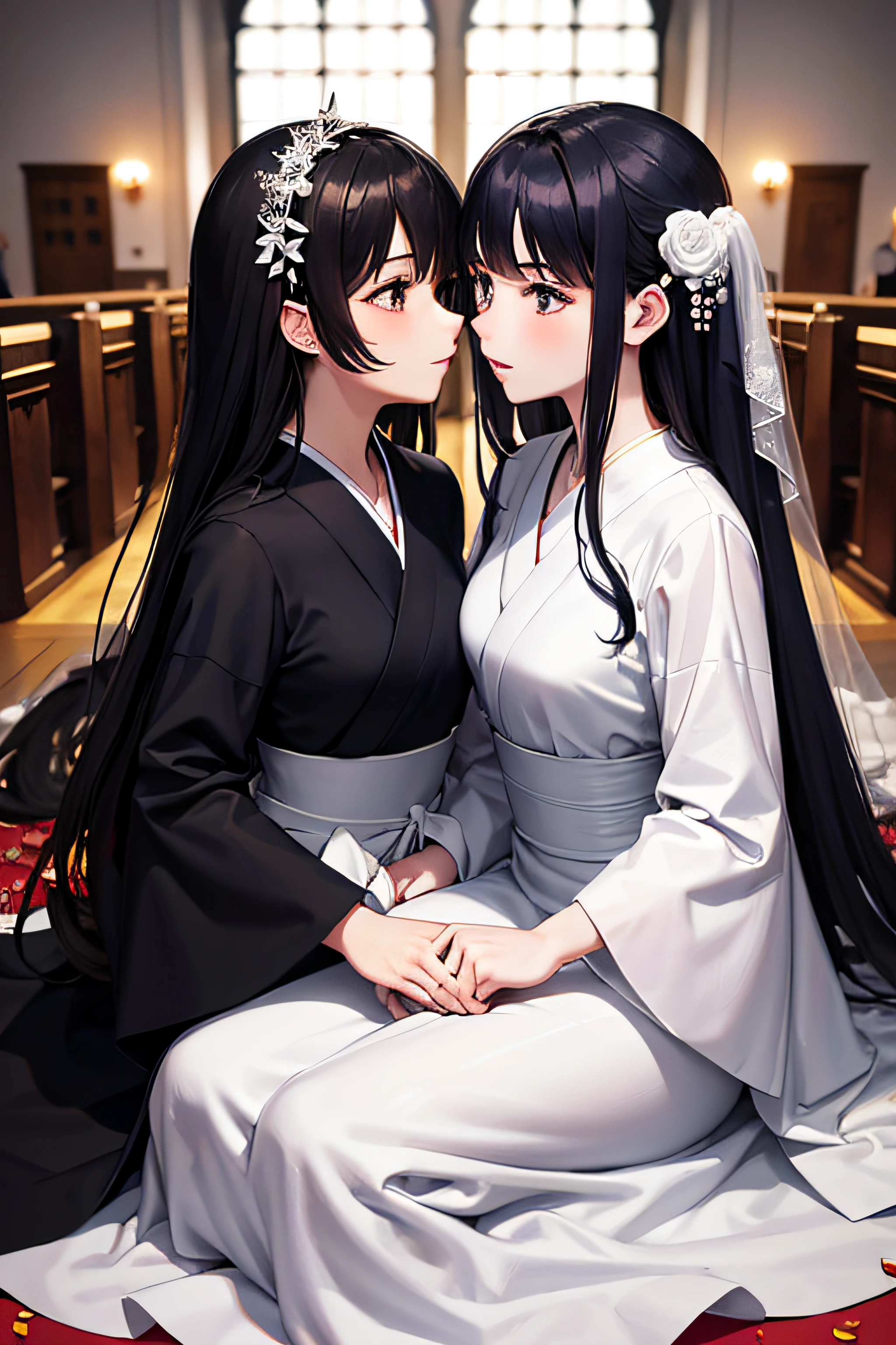 Japanese anime and manga style,The girl wore a pure black wedding dress and another girl in a pure white wedding dress married in the church,Petals fall from the sky