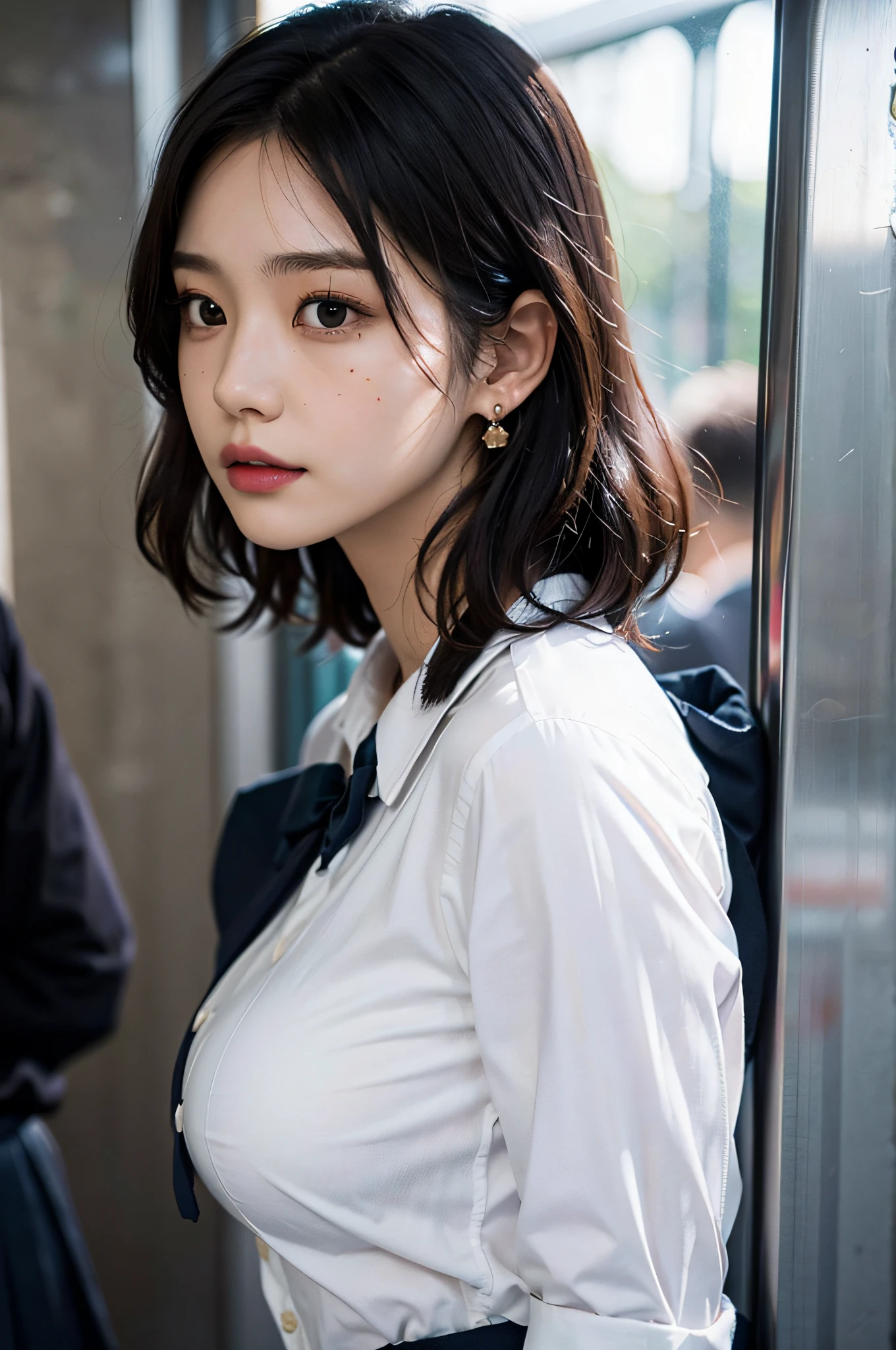 (very huge round breasts, perfect anatomy:1.3), (full body shot:1.5), (short hair, wavy hair:1.1), (Korean school uniform, summer school uniform shirt:1.4), RAW photo, extremely delicate and beautiful, masterpiece, Best Quality, ultra high resolution, 16k, hyperrealistic, ultra-detailed, Very detailed CG 8k wallpaper, Beautiful Lighting, Perfect Lightning, Realistic Shadows, super Detailed shiny skin, perfect figure, Japanese woman, late 20s, very Slim body, narrow waist, very small head, handsome detailed woman, very detailed eyes and face, realistic face proportions, Stunning detailed eyes, Realistic beautiful face, very small face, Realistic small beautiful eyes, double eyelids, makeup, tearful mole, mole on chest, earring, on the train,